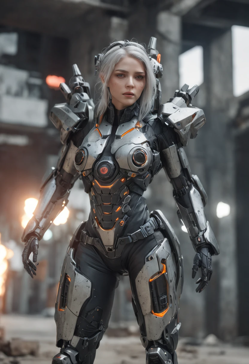 ((Best Quality)), ((Masterpiece)), (Very Detailed:1.3), 3D, Shitu-mecha, Beautiful cyberpunk woman wearing a crown with her mecha in ruins of a city of forgotten wars, streets with mecha in firefight, long silver hair, sci-fi technology, HDR (High Dynamic Range), ray tracing, NVIDIA RTX, super resolution, Unreal 5, subsurface scattering, PBR texture, post-processing, anisotropic filtering, depth of field, maximum sharpness and sharpness, Multi-layer textures, albedo and specular maps, surface shading, accurate simulation of light-material interactions, perfect ratios, octane rendering, duotone lighting, low ISO, white balance, rule of thirds, wide aperture, 8K RAW, efficient sub-pixels, subpixel convolution, luminous particles, light scattering, Tyndall effect
