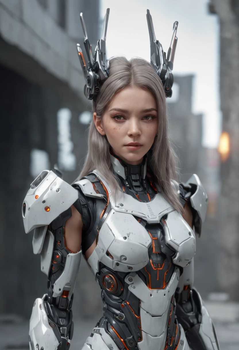 ((Best Quality)), ((Masterpiece)), (Very Detailed:1.3), 3D, Shitu-mecha, Beautiful cyberpunk woman wearing a crown with her mecha in ruins of a city of forgotten wars, streets with mecha in firefight, long silver hair, sci-fi technology, HDR (High Dynamic Range), ray tracing, NVIDIA RTX, super resolution, Unreal 5, subsurface scattering, PBR texture, post-processing, anisotropic filtering, depth of field, maximum sharpness and sharpness, Multi-layer textures, albedo and specular maps, surface shading, accurate simulation of light-material interactions, perfect ratios, octane rendering, duotone lighting, low ISO, white balance, rule of thirds, wide aperture, 8K RAW, efficient sub-pixels, subpixel convolution, luminous particles, light scattering, Tyndall effect