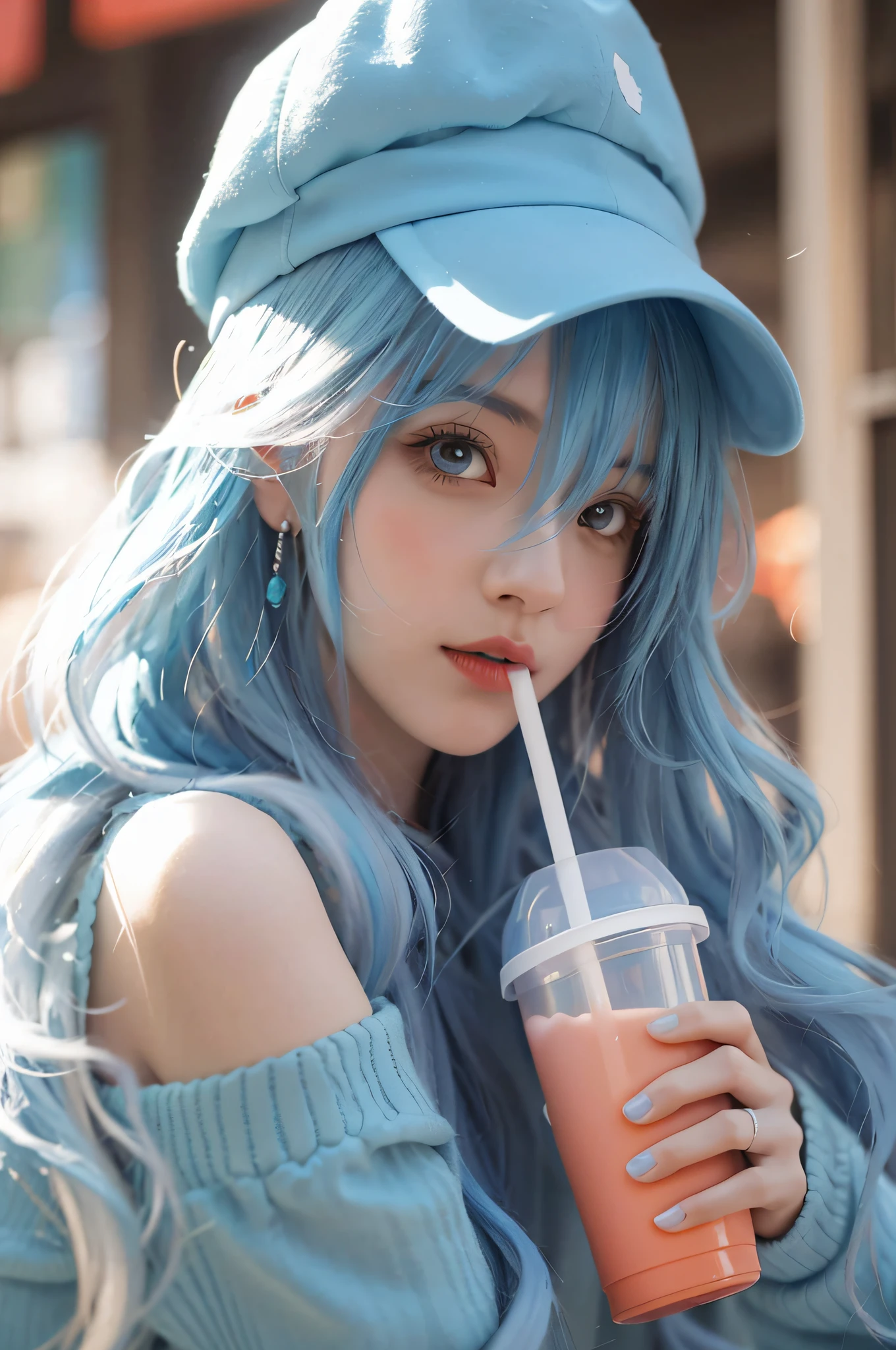 Aravi girl with blue hair and blue hat drinking a drink, Guviz-style artwork, Realistic anime 3 D style, 3 d anime realistic, anime styled 3d, Anime style. 8K, Guviz, trending on cgstation, Realistic anime art style, realistic anime artstyle, Realistic young anime girl, Smooth anime CG art