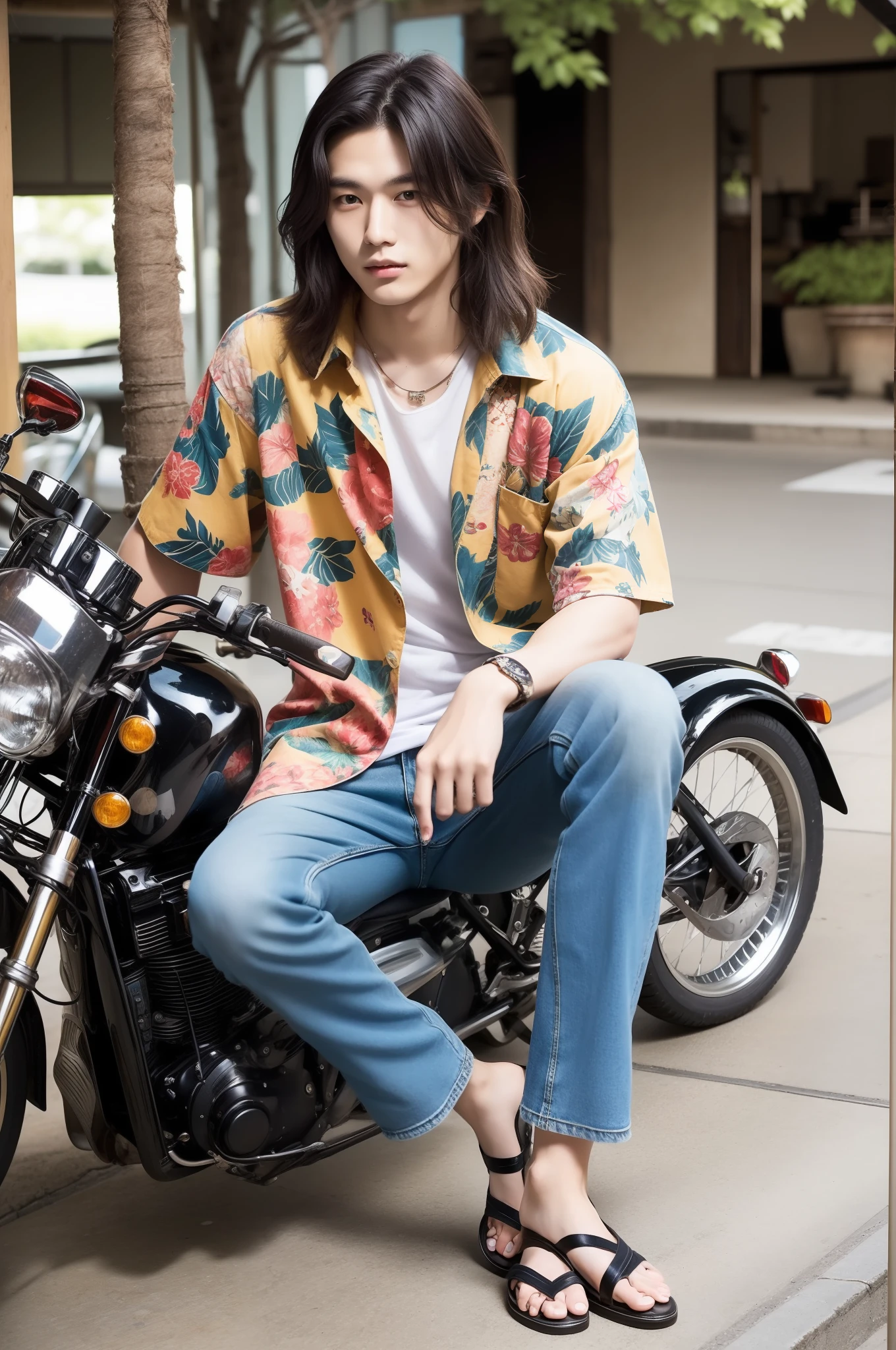 Sexy casual style portrait of 20 year old Japan man、For spring-summer。Wearing an Aloha shirt、Diesel Slim Fit Jeans、Wearing leather sandals。which are full of confidence、Fascinating。Sexy hairstyles、Wavy texture hair、appearance of medium length,,、With light hold、His relaxed、Reflects an attractive personality。