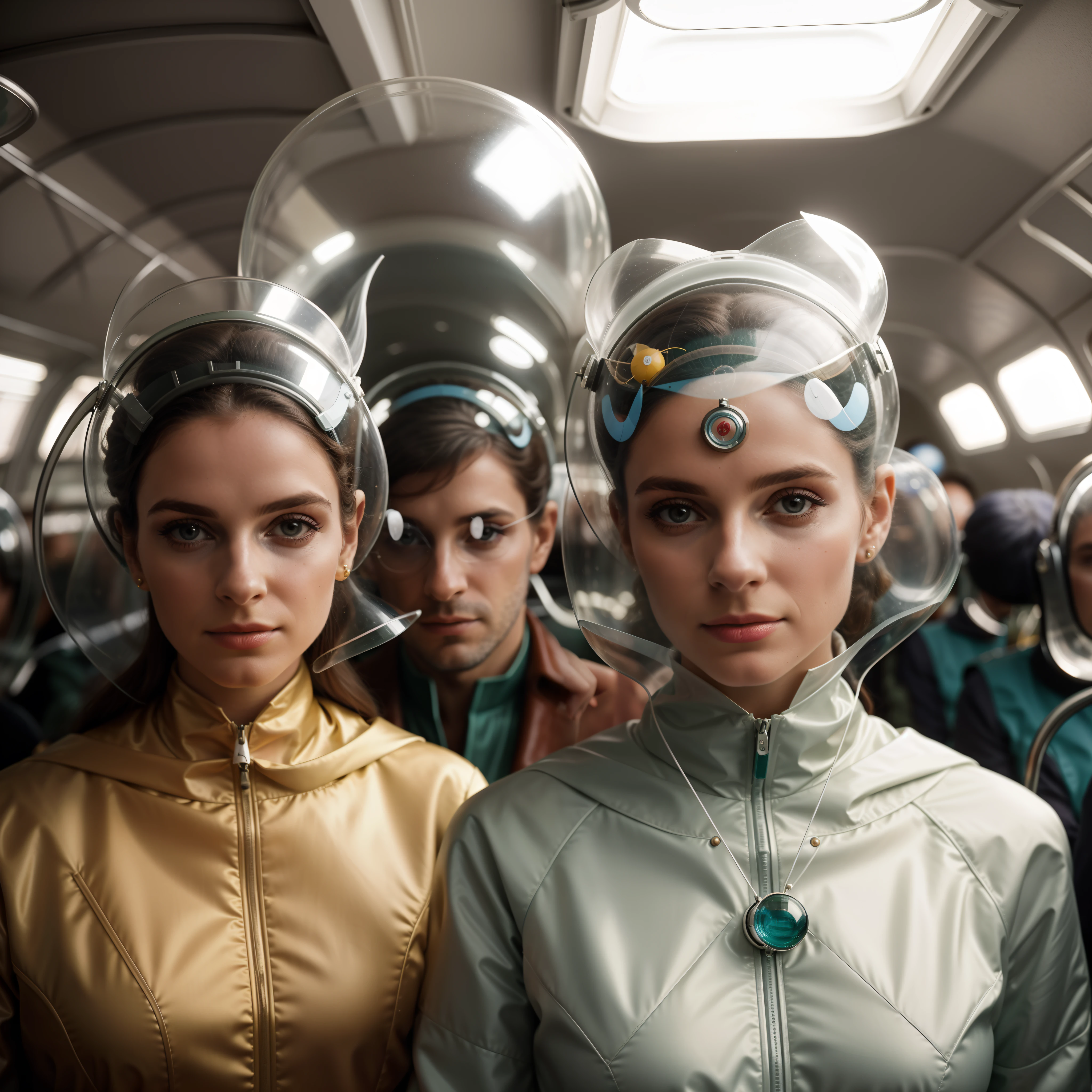 4k portrait of 1960s science fiction by Wes Anderson, Vogue anos 1960, pastels colors, Man with a fish mask wearing weird retro futuristic outfits and a woman wearing glass helmet and techno ornaments on the bus, Luz Natural, Psicodelia, futurista estranho, fotorrealista, hiper detalhado, foco nítido, Intrinsic, mid closeup, rosto e olhos perfeitos, grain of film, cinemactic, Bokeh lento | | | | | |, Epic composition, natural  lightting, fotografia, Hiper realista, double-exposure,  desfocado, desfoque de movimento, Absurdo, alto, alta qualidade, melhor qualidade, obra-prima, intrincado,