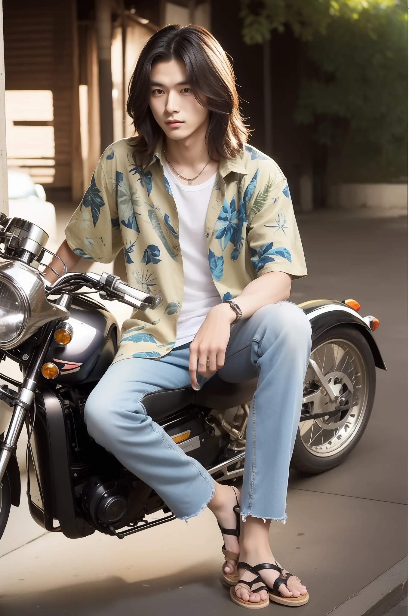 Sexy casual style portrait of 20 year old Japan man、For spring-summer。Wearing an Aloha shirt、Diesel Slim Fit Jeans、Wearing leather sandals。which are full of confidence、Fascinating。Sexy hairstyles、Wavy texture hair、appearance of medium length,,、With light hold、His relaxed、Reflects an attractive personality。