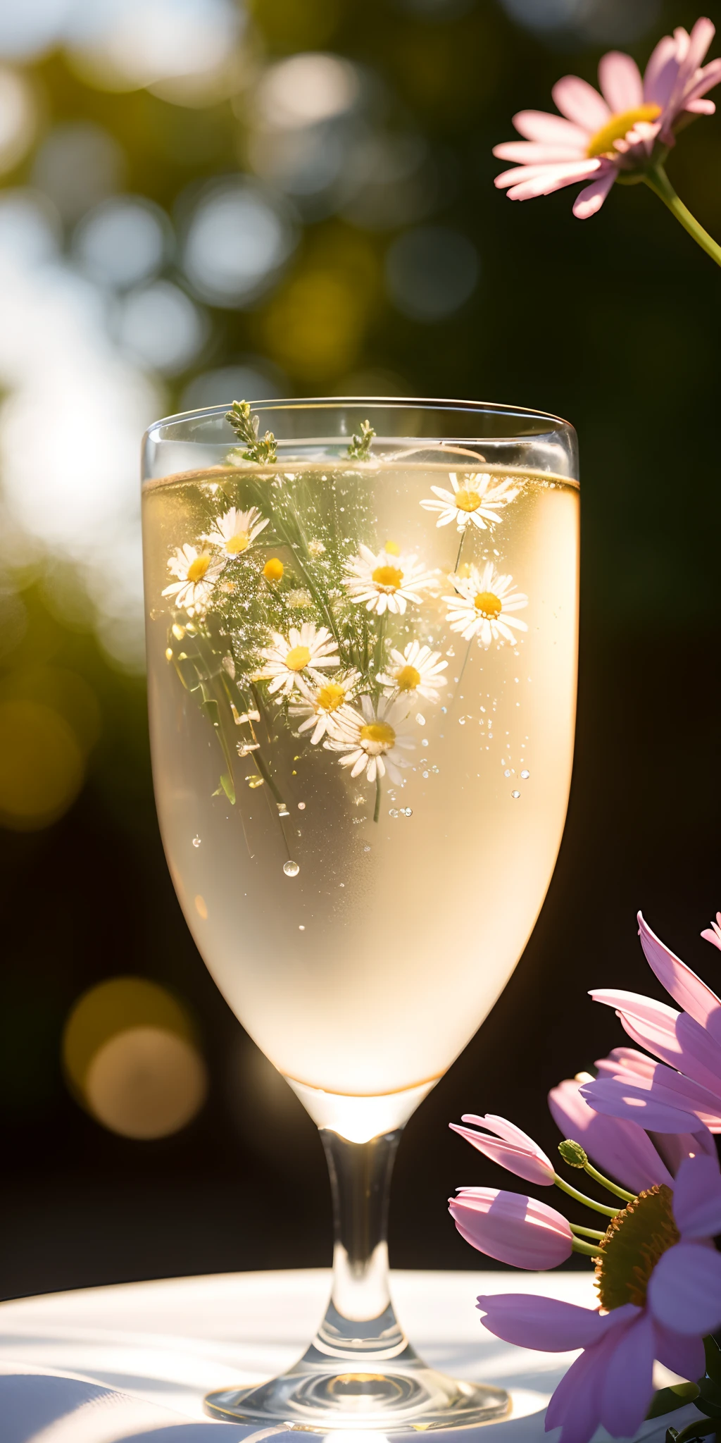 A glass with drops of water filled with carbonated drinks, translucent liquid, ice cubes, bubbles, a floral crown of daisies and lavender on picnic tablecloths, midday outdoor lighting, open air, natural background, summer day, hot weather, high detail, very humid humidity, high brightness, wet watermarks, overdetail, super detail superdetailing, surrealism, soft light, studio lighting, diffuse soft light, shallow depth of field, sharp focus, bokeh effect, light tracking, subsurface scattering, complex soft light, diffuse soft light, highly detailed glass reflection, ultra-thin (superfine, ultra-thin) (thin, fine, ultra-detailed), cinematic, surrealism, armature, best quality, ultra-high resolution (photorealistic: 1.4), high resolution, detail, raw photography, clear reproduction, stock camera 4 kodak portra 400, f1.6 lens, realistic texture, dramatic lighting, unreal engine, popular on artstation, cinemas up to 800