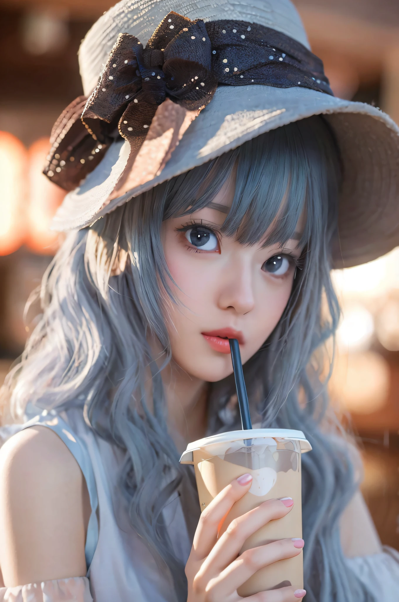 Close-up of a woman drinking in a straw hat, Guviz-style artwork, Realistic anime 3 D style, Kawaii realistic portrait, 3 d anime realistic, Photorealistic anime, Smooth anime CG art, anime styled 3d, Anime style. 8K, mysterious coffee shop girl, hyper realistic anime, Guviz, soda themed girl