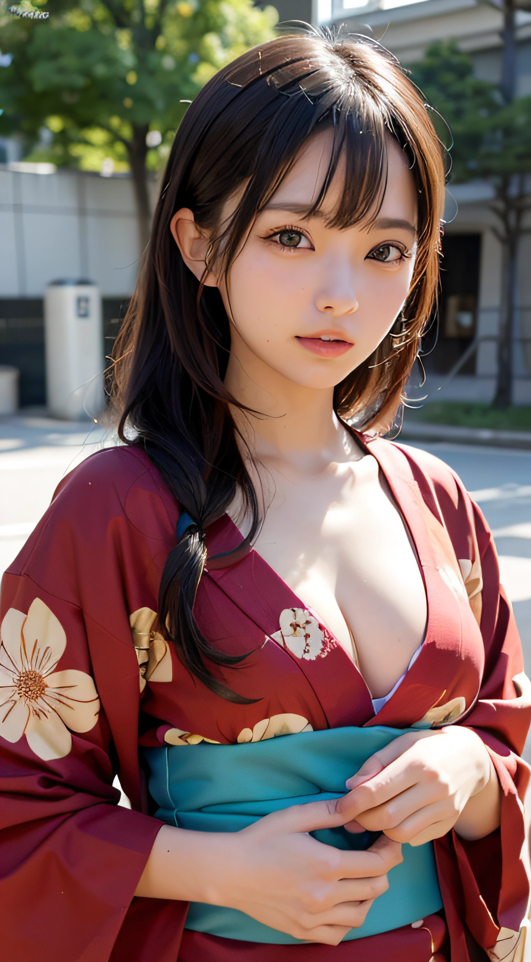 a woman with an attractive body, half human, half kitsune, with medium breasts and a little wide, with eyes on one side red and on the other yellow, in a red kimono with yellow flowers expression blushing in a house sitting a pillow in anime style 