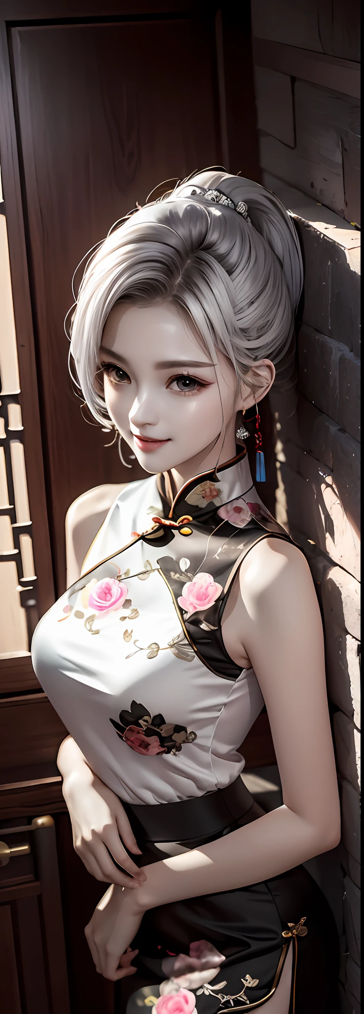 Short silver-white hair，Gaoza double ponytail，Delicate and bright hair color，Delicate and perfect face，The corners of the eyes are slightly red，seduct smile，upturned corners of the mouth，Black peony pattern cheongsam design，Raised skirt，Wet temptation，Delicate long legs，The skin texture is delicate，Leaning against the bathroom wall，Cinematic gloss，Best quality photos 16k high resolution。