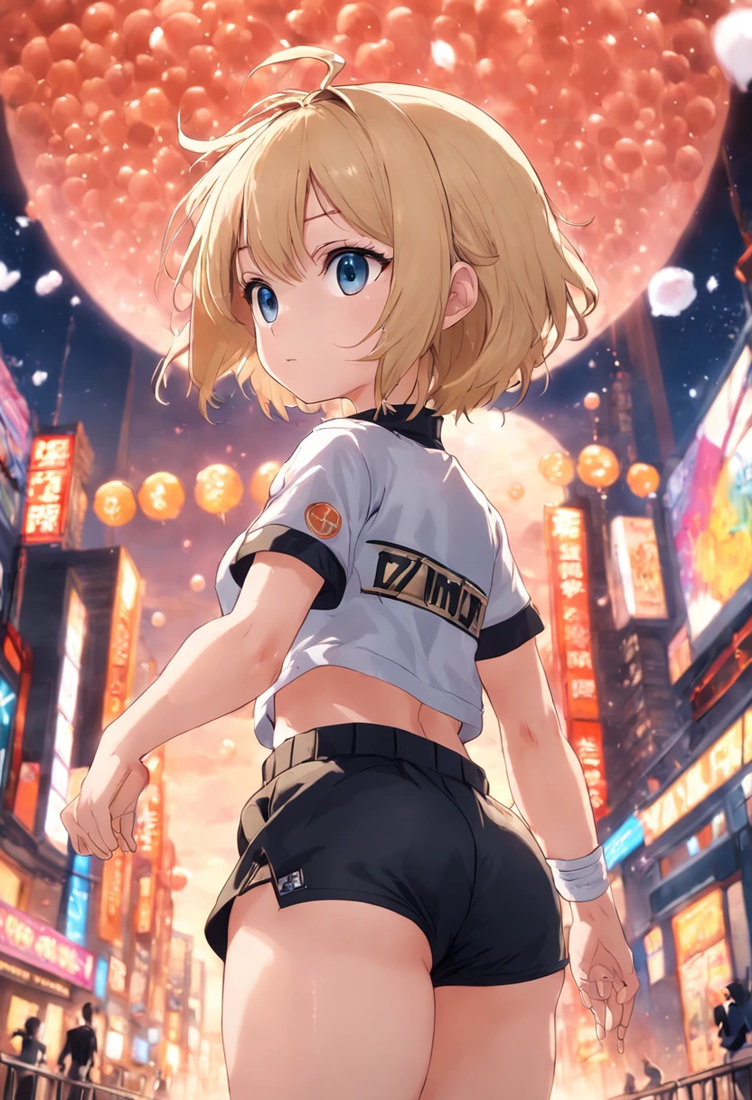 , very detailed, 8k, blonde hair, 1 woman 30 years old, bubble top, short top, gym shorts, choker