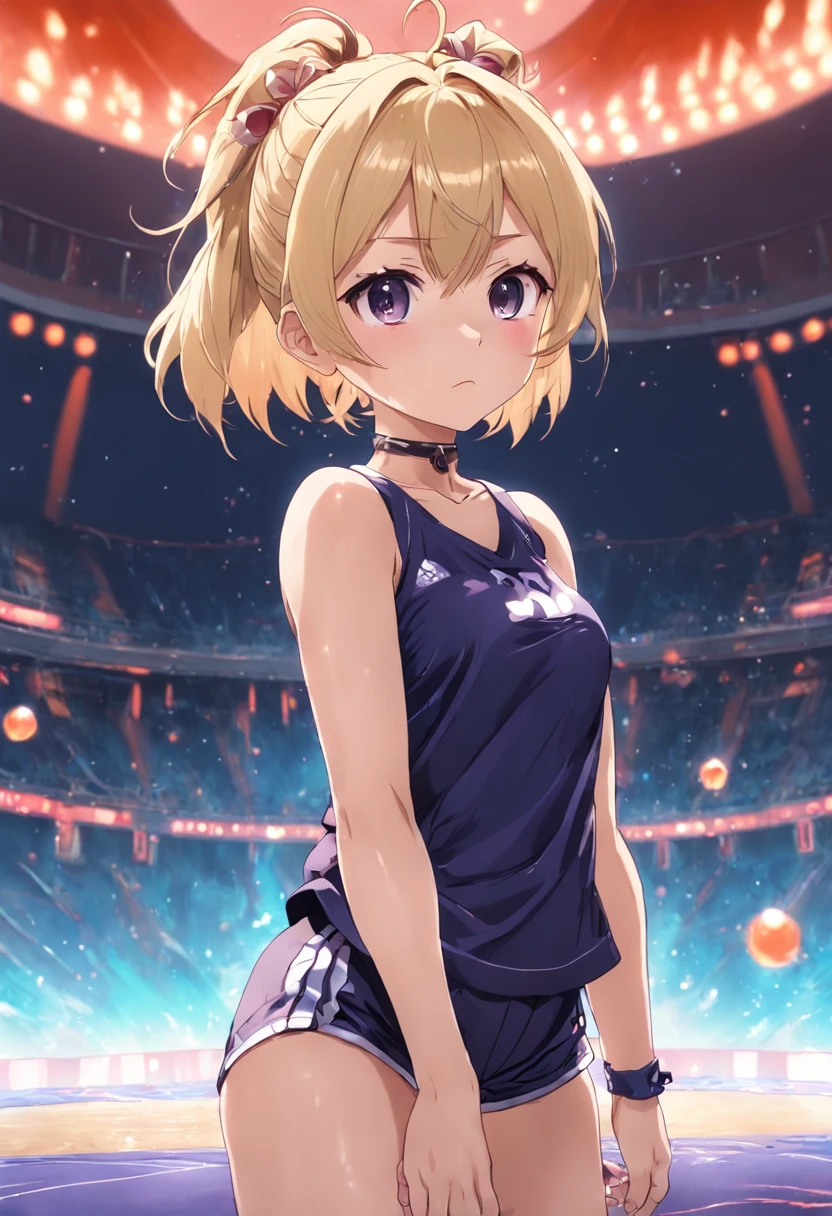 Loli, very detailed, 8k, blonde hair, 1 woman 30 years old, bubble top, short top, gym shorts, choker