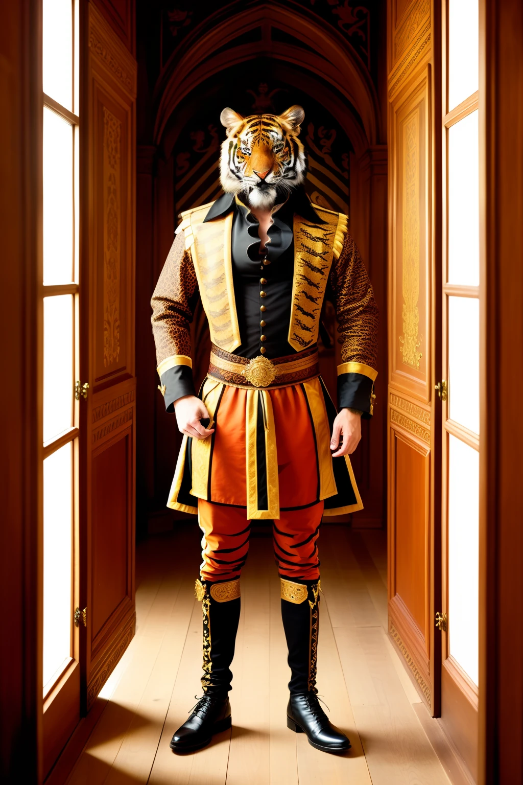 (masterpiece), animal, portrait of [man:tiger:2] humanoid, pirate tiger, tiger one eye,wearing king clothes, intricate design clothing, tiger legs, , Renaissance style screen, background inside castle, high details castle interior, face, soft lighting,