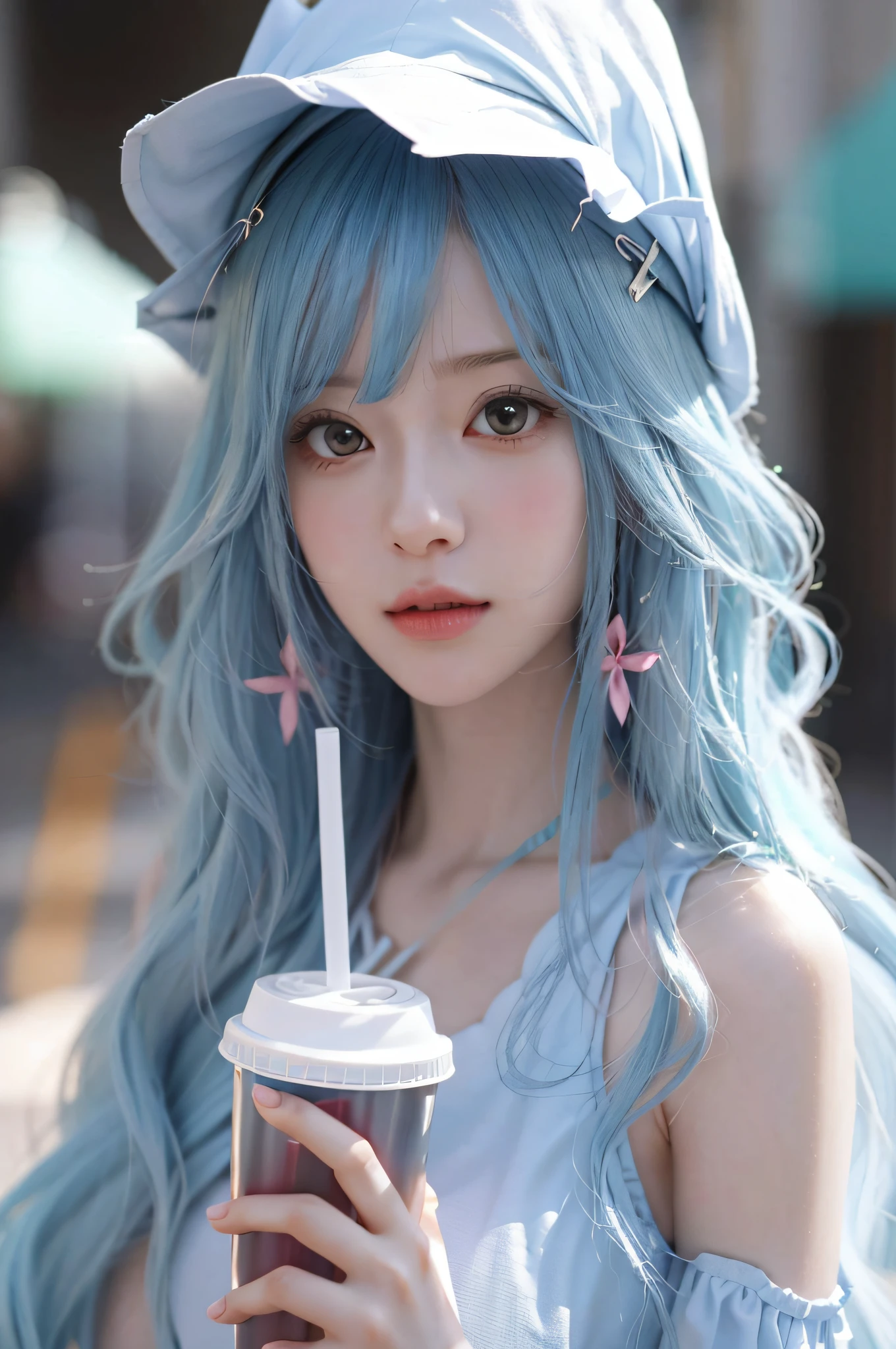 Close-up of a woman with long blue hair holding a drink, Guviz-style artwork, Realistic anime 3 D style, Guviz, Beautiful anime girl, 3 d anime realistic, Anime style. 8K, Beautiful anime style, Photorealistic anime, Realistic young anime girl, anime styled 3d, Realistic anime art style, Kawaii realistic portrait