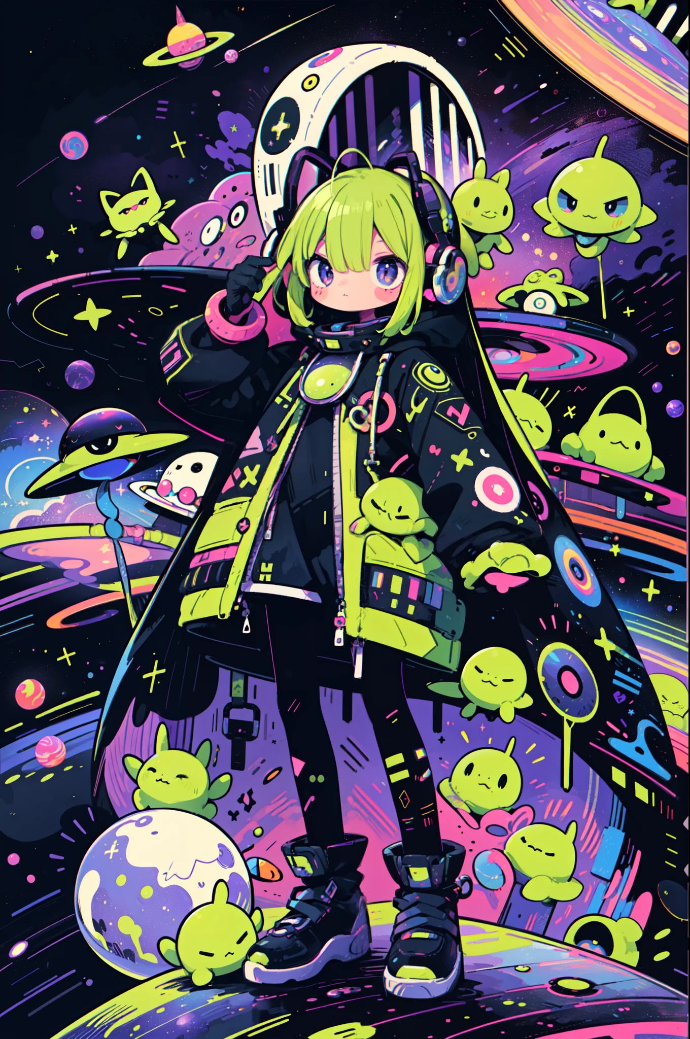 green aliens girl with many eyes, she has antennae on her head, little alien creatures in colorful fashion, space galaxy, purple planets rings, saturn, flying saucer