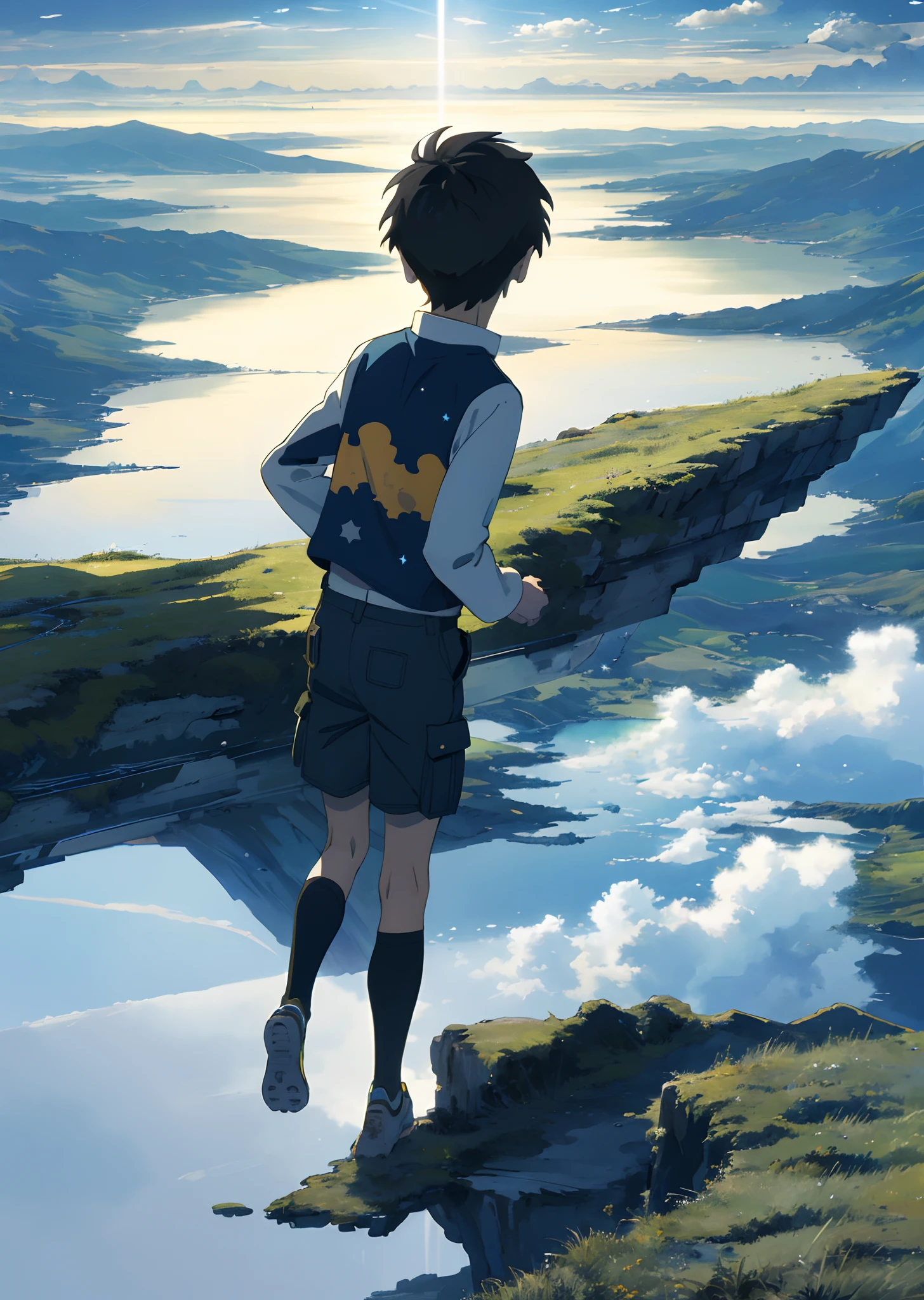 Vast sky、the beautiful skyline、Large grasslands、Strong tension and dramatic images、the moving visual effects、The vast starry sky、the colorful natural light。A long-sleeved top、shortpants、A 。