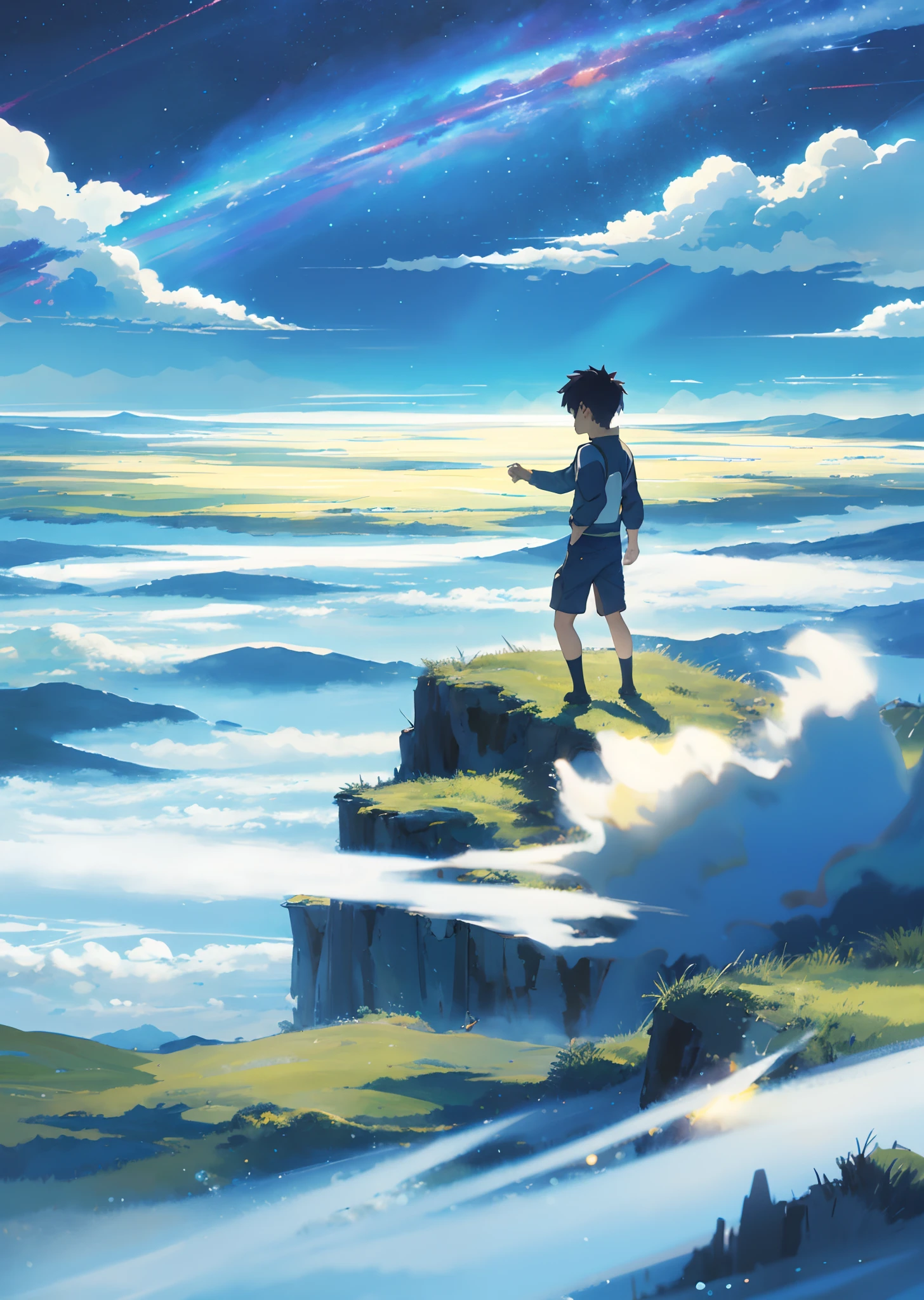Vast sky、the beautiful skyline、Large grasslands、Strong tension and dramatic images、the moving visual effects、The vast starry sky、the colorful natural light。A long-sleeved top、shortpants、A little boy。