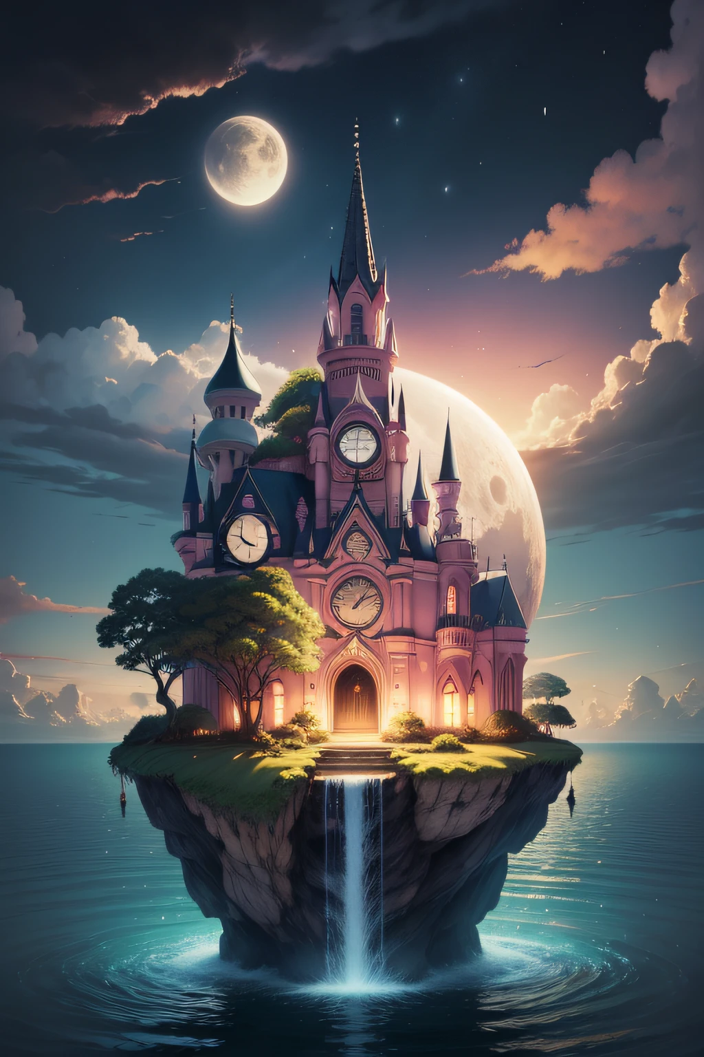 island，sky，moon，fairy，clock，waterfall，pink， tiger