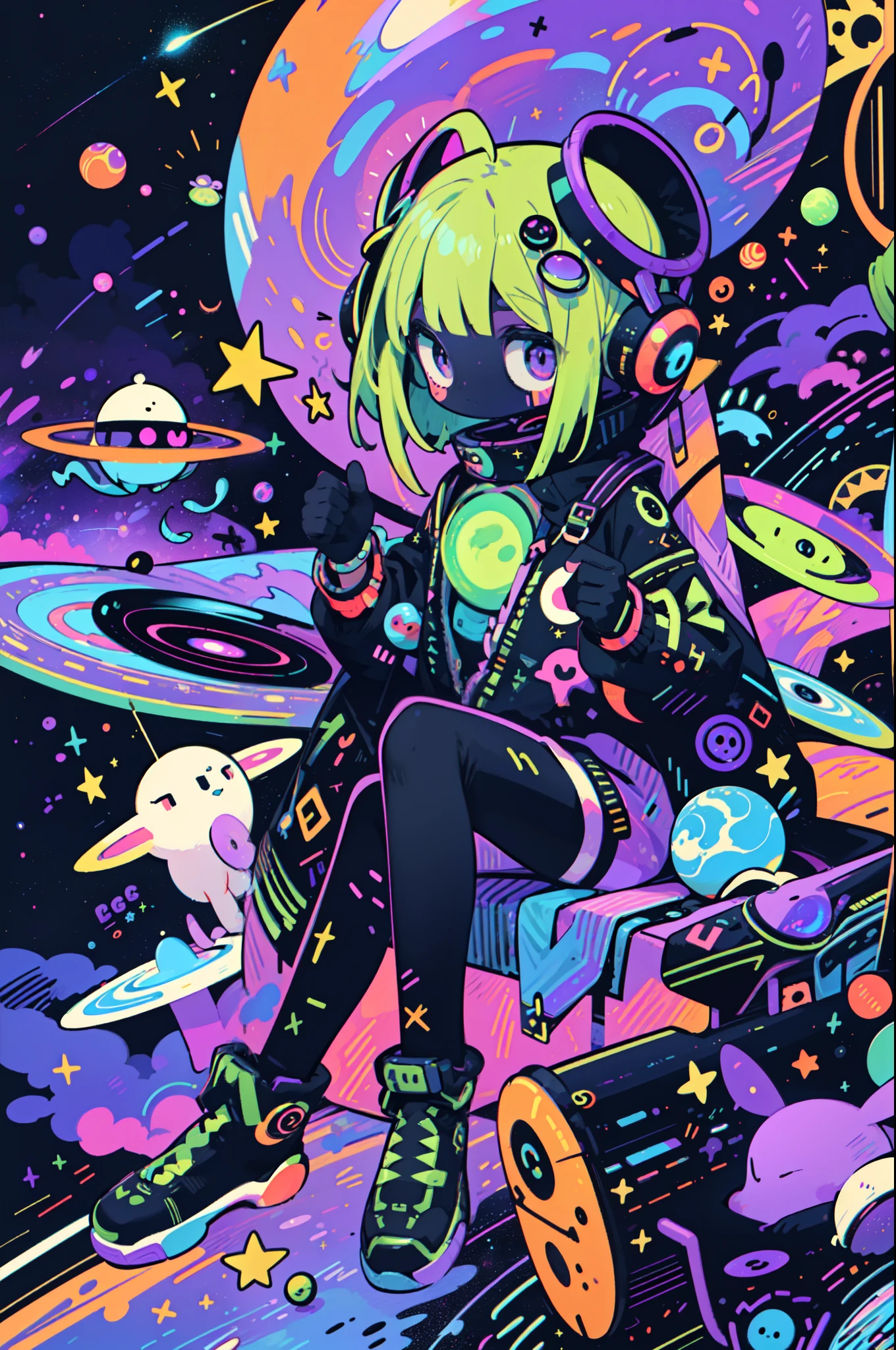 green aliens girl with many eyes, she has antennae on her head, little alien creatures in colorful fashion, space galaxy, purple planets rings, saturn, flying saucer