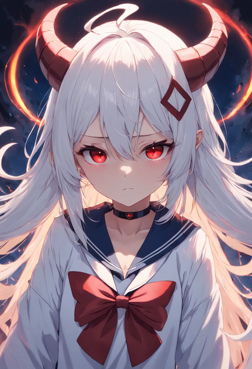 whaite hair,Red eyes,long whitr hair,demonic horns,a sailor suit,Girl body type,demonic wings,Brilliant magic,Bring headphones,8K,Look into the camera,Dynamic