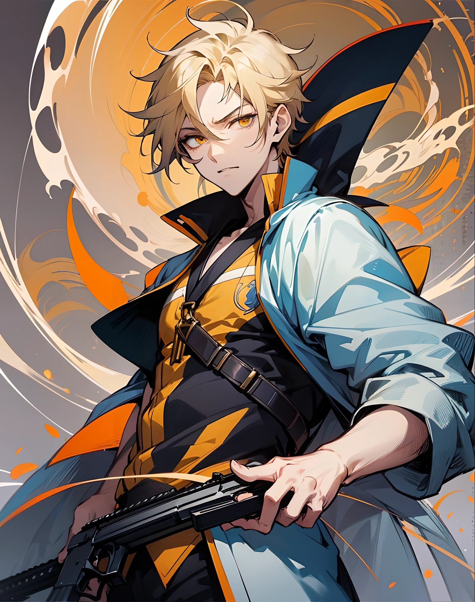 Anime characters with blonde hair and guns, Beautiful handsome guy,Key anime art, handsome guy in demon killer art, trigger anime artstyle, Tall anime man with golden eyes, Delicate handsome,Beauty is miserable