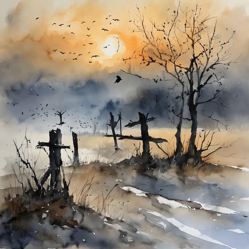 Two crows on a dead tree, Shadows shaped like walkers, Starry Night, thick fog on the ground, Blue light on the horizon, unreal enginee 5, Cinematic, low angle photo, Motion Blur, depth of fields, Dust, Cobblestones and soil. Splash Art, Drip paint. Perfect color grading. Influence of Karel Appel and Jeremy Mann, Lots of dramatic and threatening scenes, ultra-detailliert, Beautiful, insanely detaileda, Intricate details, Editorial Photography, Shot with a 50mm lens, depth of fields, Tilt Blur, Shutter Speed 1/1000, F/22. Lightmaps, Super bright