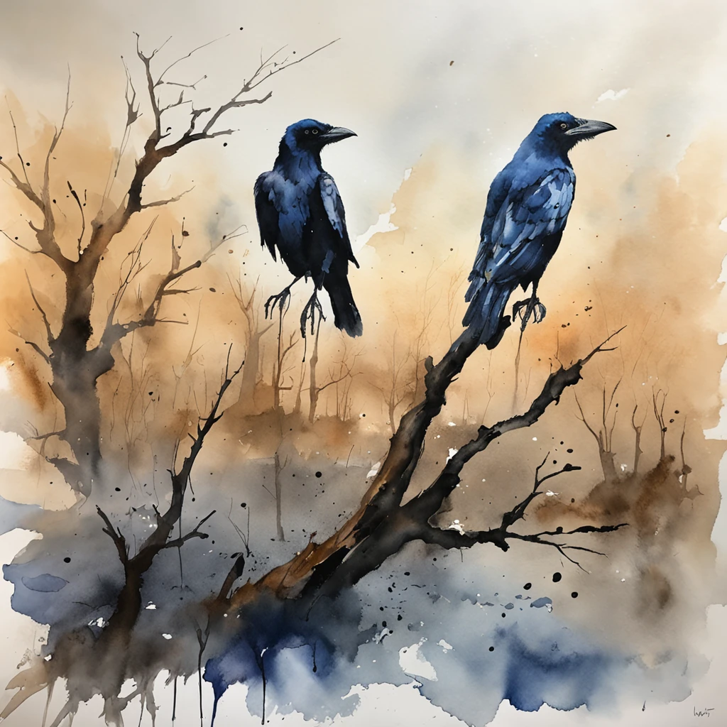 Two crows on a dead tree, Shadows shaped like walkers, Starry Night, thick fog on the ground, Blue light on the horizon, unreal enginee 5, Cinematic, low angle photo, Motion Blur, depth of fields, Dust, Cobblestones and soil. Splash Art, Drip paint. Perfect color grading. Influence of Karel Appel and Jeremy Mann, Lots of dramatic and threatening scenes, ultra-detailliert, Beautiful, insanely detaileda, Intricate details, Editorial Photography, Shot with a 50mm lens, depth of fields, Tilt Blur, Shutter Speed 1/1000, F/22. Lightmaps, Super bright