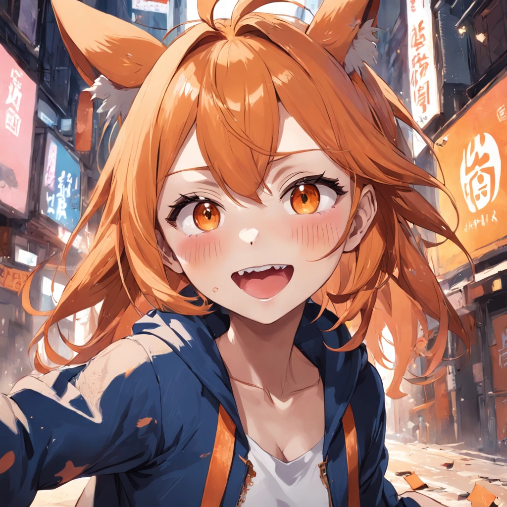 Banner with original characters, Volumetriclighting, best shadow, Shallow depth of field, Incredibly beautiful girl, small, 繊細, Beautiful and charming face with attractive orange eyes, Messy painted face, Sharp eyebrows, Open smile, with her mouth open, Canines are out, Lovely Medium Breast , Orange hair with black, Layer length, Blush shade, thick eyeslashes, Applejack hat, oversized jacket, Mini Underboob Tee, open belly button, big breasts thin waist, Denim Jeans Pants, Buckle belt with buckle, In The Graffiti Alley, Garbage container, Exterior staircase, Outdoor Unit, Holding a sign with the name "Curious Yes", standing on your feet, (high high quality, incredibily detailed: 1.25), (Solo: 1.3), Bright colorful paintings