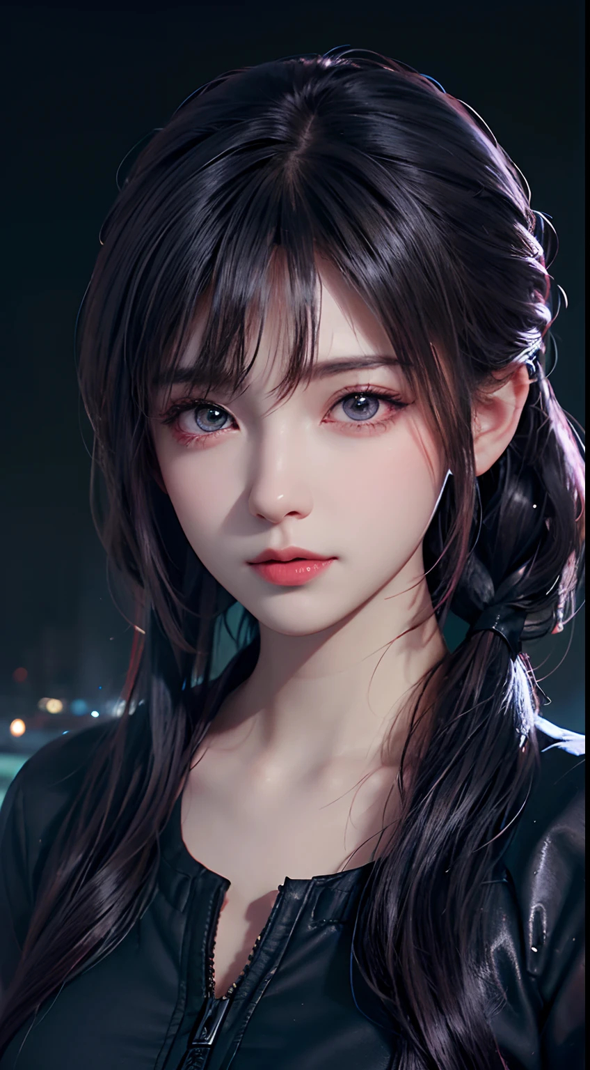 A close up of a woman with long hair wearing a black jacket - SeaArt AI