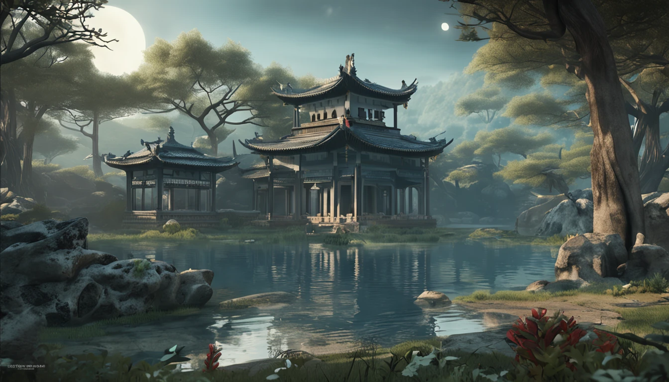 Render a peaceful palace scene amidst a serene natural setting, capturing the poet's moonlit contemplation. Infuse Victor Nge's influence into your art, incorporating a blend of calming blues and gentle greens against a backdrop of muted gray. Maintain a luminous quality in your painting, allowing the moon's brilliance to light up the scene. Integrate Dao Chongle's touch to emphasize the beauty of the natural world,Ultra HD