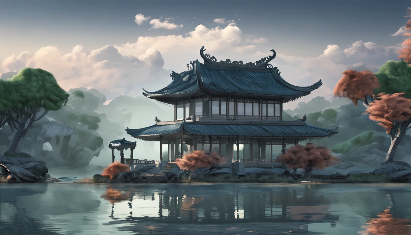 Render a peaceful palace scene amidst a serene natural setting, capturing the poet's moonlit contemplation. Infuse Victor Nge's influence into your art, incorporating a blend of calming blues and gentle greens against a backdrop of muted gray. Maintain a luminous quality in your painting, allowing the moon's brilliance to light up the scene. Integrate Dao Chongle's touch to emphasize the beauty of the natural world,Ultra HD