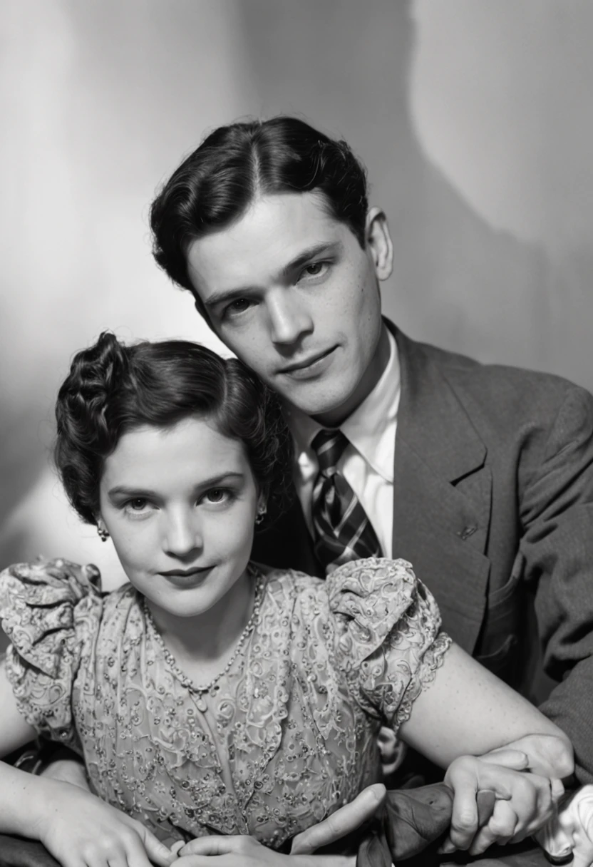 There is a black and white photo of a man and a woman, momma and papa, fotografia antiga em preto e branco, foto antiga em preto e branco, foto de estilo antigo, Photographic photography, Fotografia da era WW2, fotografia antiga, foto antiga, uma foto velha e branca, foto antiga em preto e branco, foto antiga realista, foto vintage preto e branco, unknown location, fotorrealista, super alta qualidade, Super Detalhe, ultra-accurate description of hands, master part, 8k, HDR