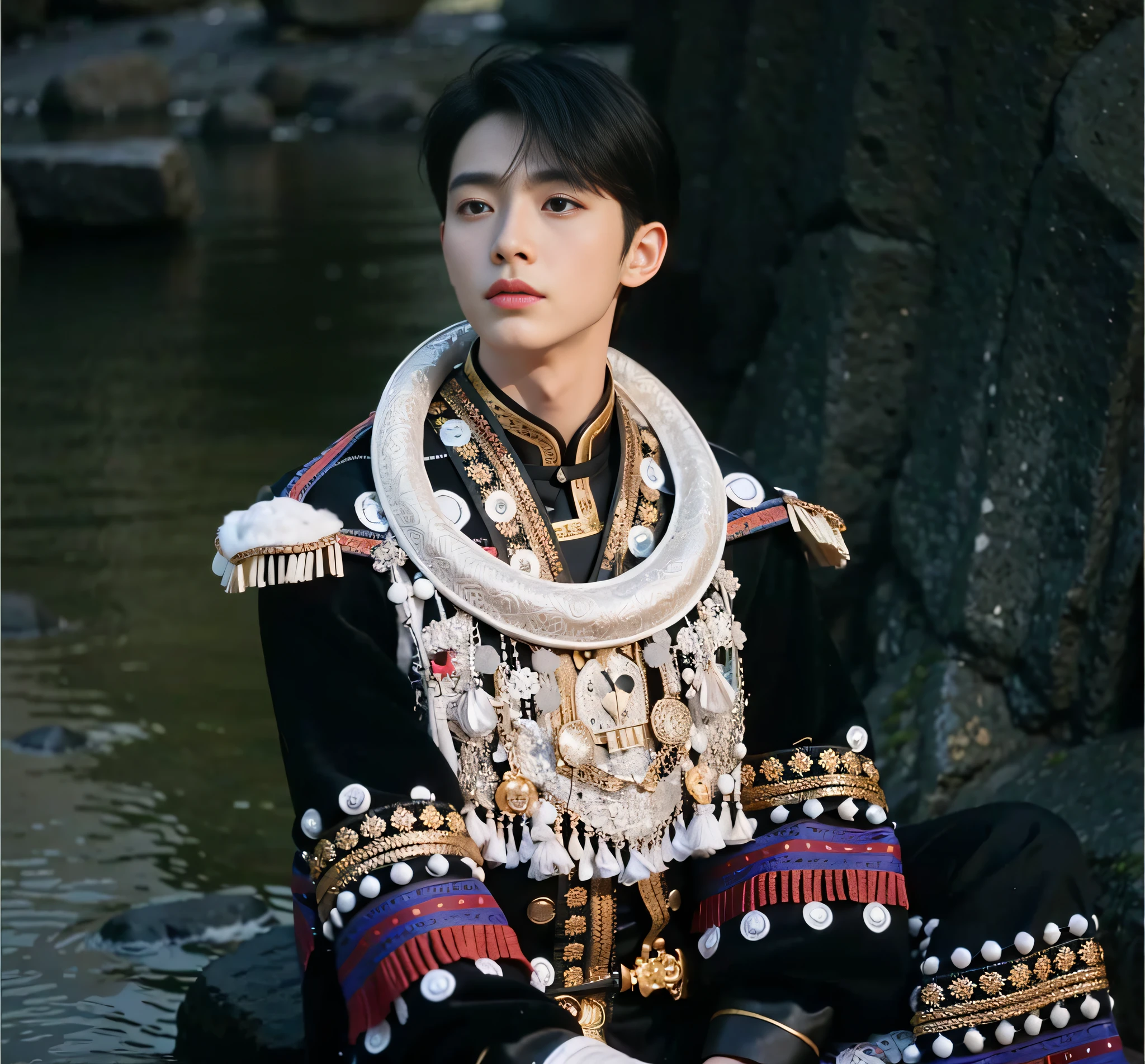 Sitting in black and white on the rocks of Arakfi, Inspired by Zhang Han, Inspired by Bian Shoumin, Kim Do-young, inspired by Huang Gongwang, inspired by Jin Nong, inspired by Gong Xian, Wearing Gorgeous Costume, Beautiful androgynous prince, wearing fancy clothes, Taoist, Cai Xukun, traditional garb,high high quality,4K modern art,High- sharpness