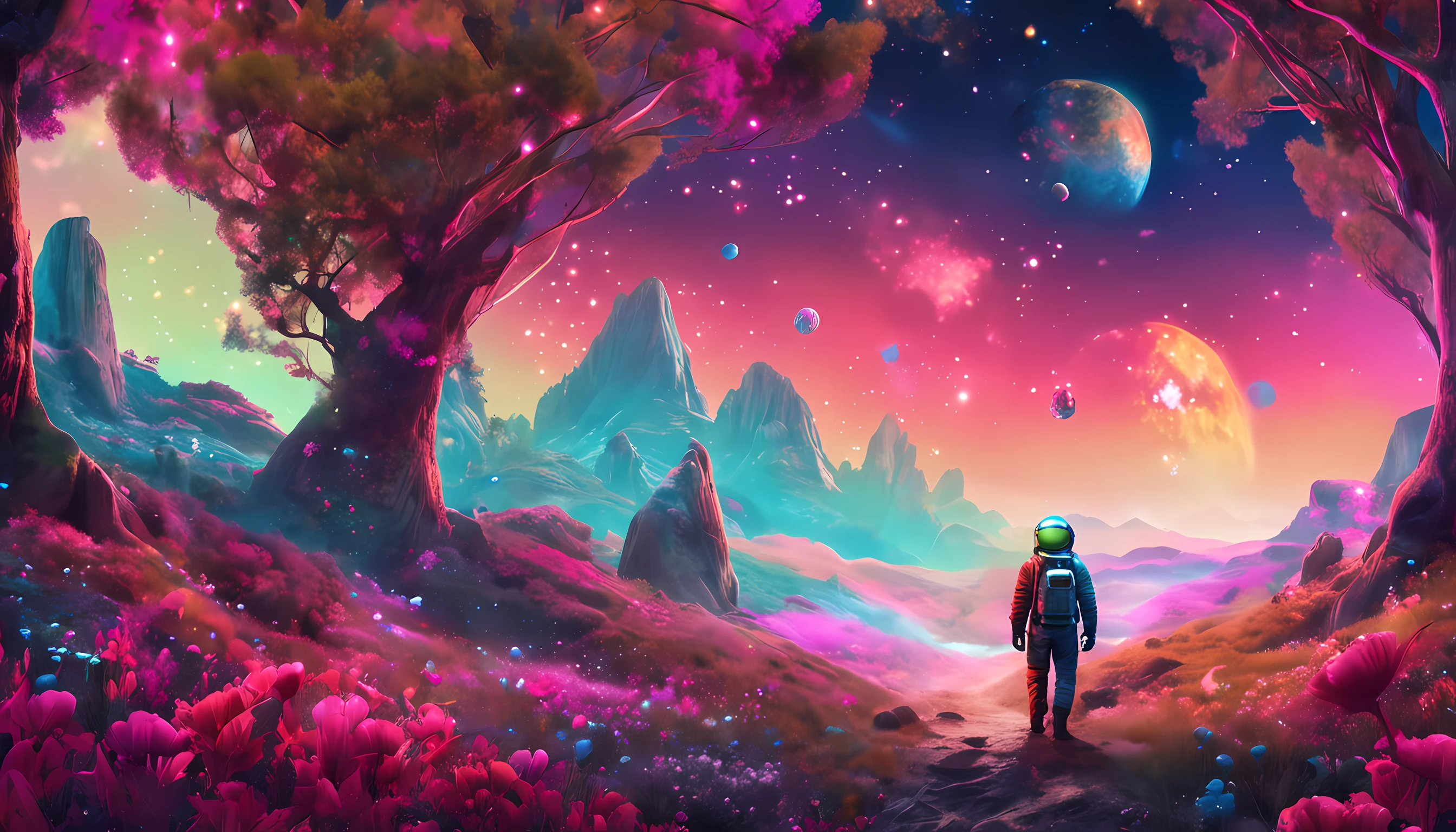 A lone astronaut explores a distant planet covered in a mesmerizing tapestry of colorful flowers and lush forests. As the stars twinkle above, the landscape is bathed in an otherworldly glow that defies imagination