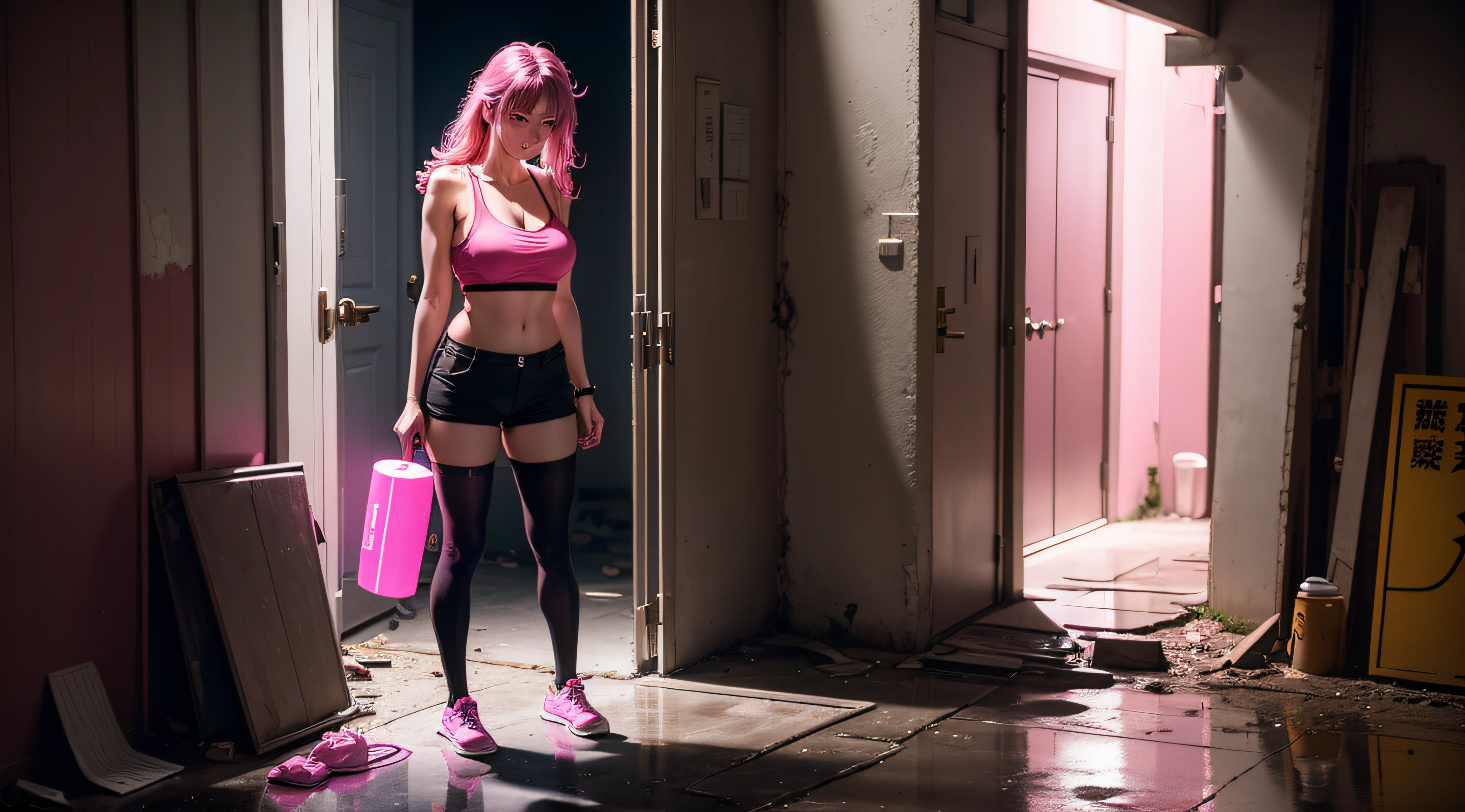 Low and dilapidated city alleys,Sewage cross-flowing ground,Concrete floors,deep in the night,narrow,Woman standing in the doorway,Reclining against the door frame,Crimson camisole vest,Tight camisole fit,Black shorts,skin-tight short-pants,slippers,Tall and tall,Full breasts,messy shortt hair,Full body photo,pink neon lights,Pink tube,didn't wear socks,Pink lights reflect on the face,Tired smile,夏天 --auto