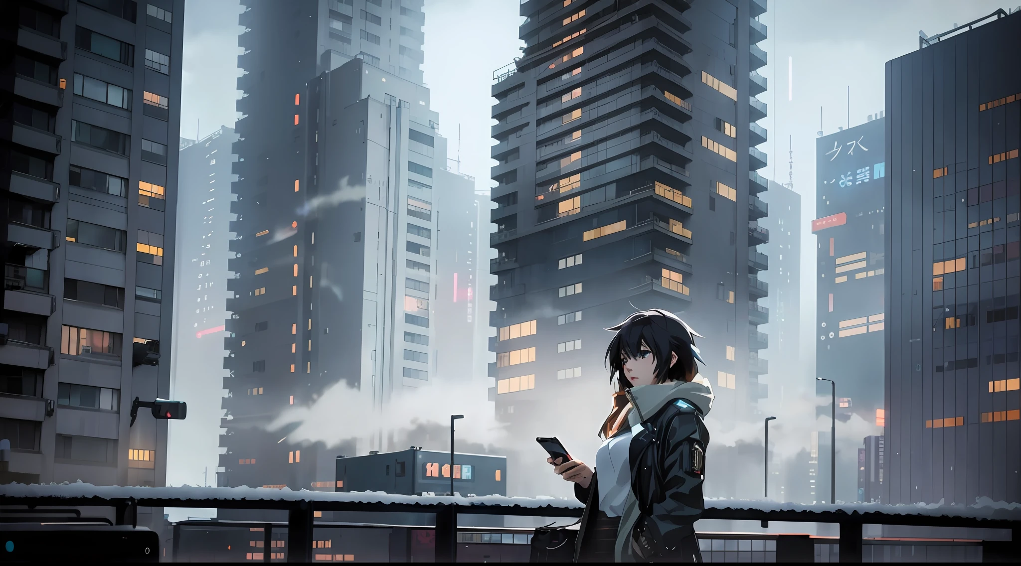 anime girl in a city with tall buildings and a cell phone, gloomy. by makoto shinkai, tokyo anime scene, digital cyberpunk anime art, in style of makoto shinkai, inspired by Makoto Shinkai, anime style cityscape, makoto shinkai style, digital cyberpunk - anime art, modern anime style, cyberpunk anime girl, cyberpunk anime art