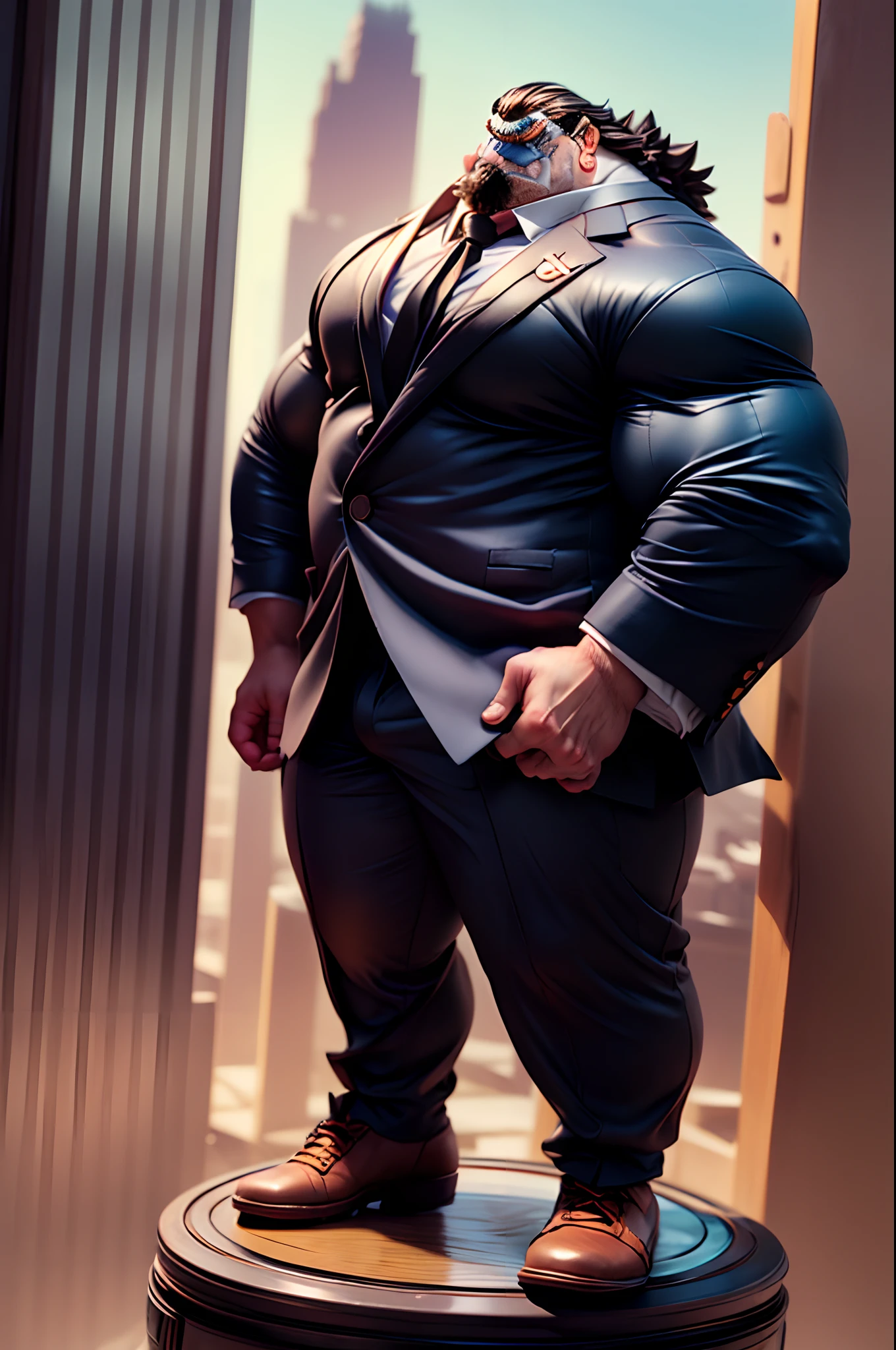 ((solo, 1boy)), (A strong and muscular man (jinbei) standing confidently on a urban city), wearing suits ((black suits)), blue skin, jinbei oyabun