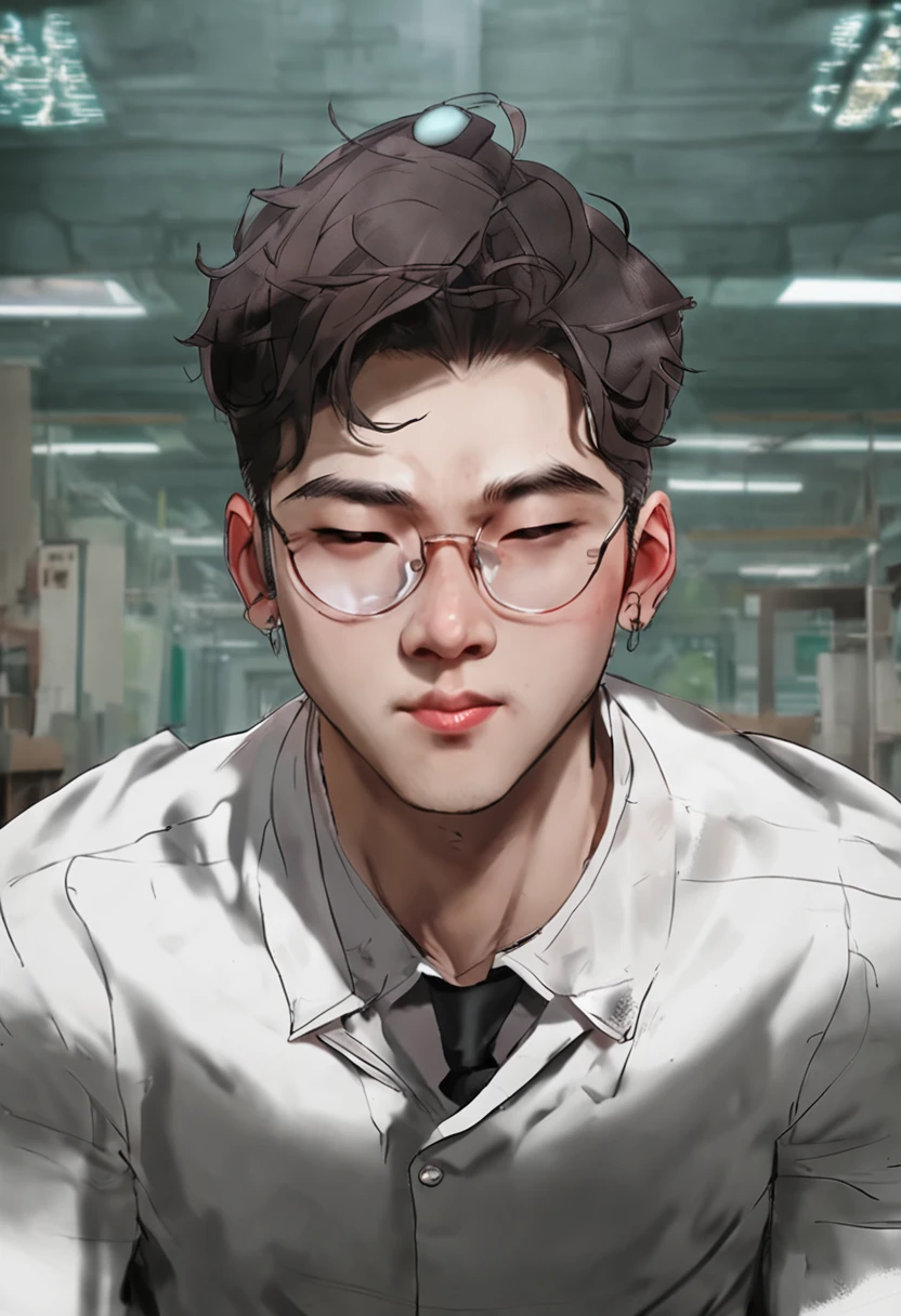 a chinese male，Back head，Professional Dress，The glasses are not big，with a round face，Height 180，Weight 75 kg，wears glasses，Handsome