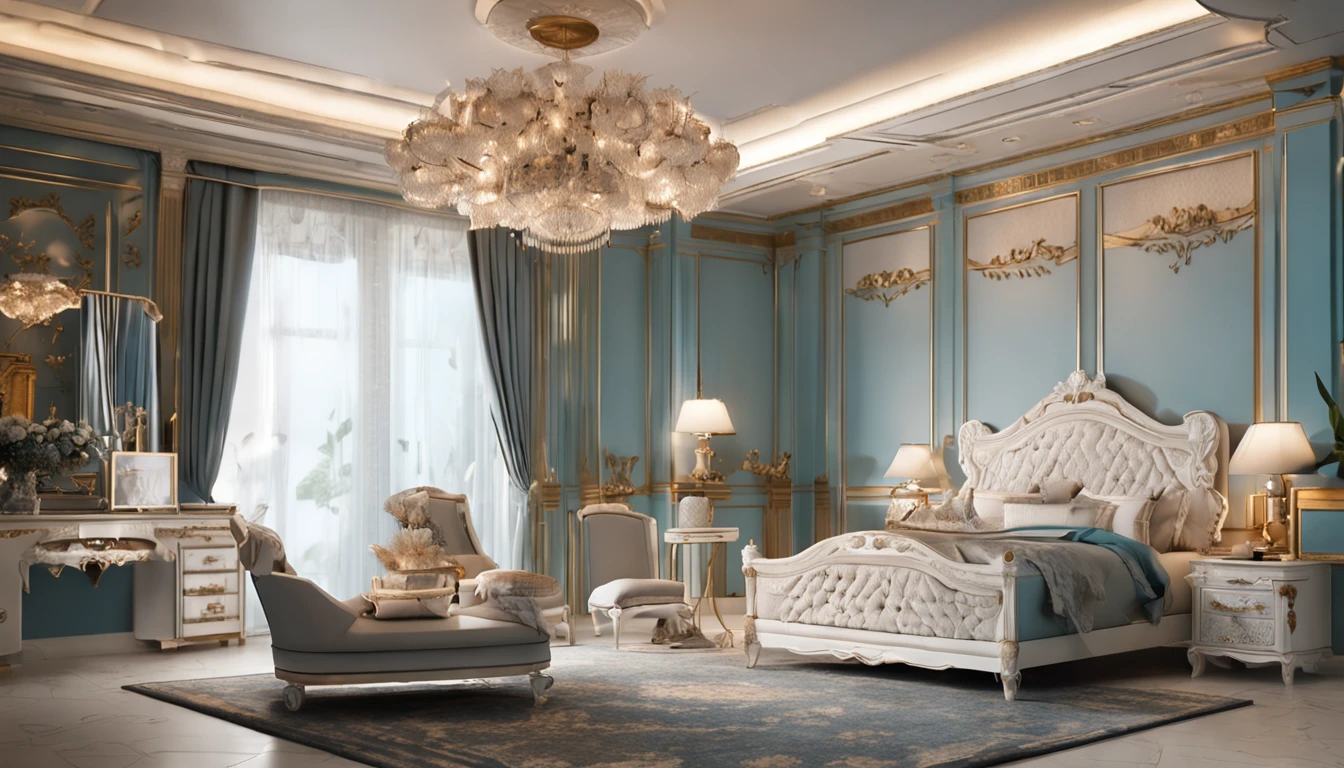 Best artwork, (Fully furnished royal luxury bedroom, Neoclassical, Light blue tones:1.2), 8K, Very good lighting, photograph realistic, Focus sharp, (The lighting studio is bright, 电影灯光), (Masterpiece:1.5), Best quality, Super detail, High detail, wide angles,