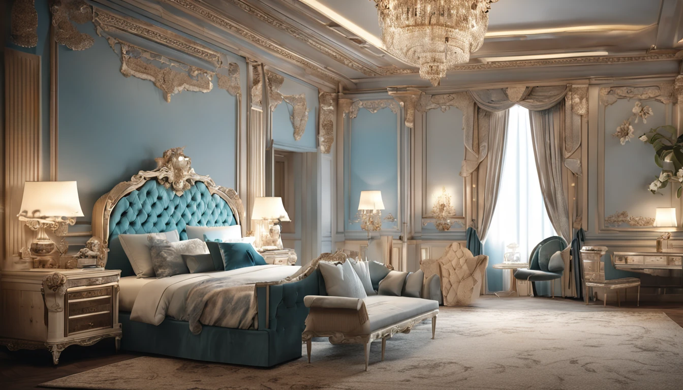 Best artwork, (Fully furnished royal luxury bedroom, Neoclassical, Light blue tones:1.2), 8K, Very good lighting, photograph realistic, Focus sharp, (The lighting studio is bright, 电影灯光), (Masterpiece:1.5), Best quality, Super detail, High detail, wide angles,