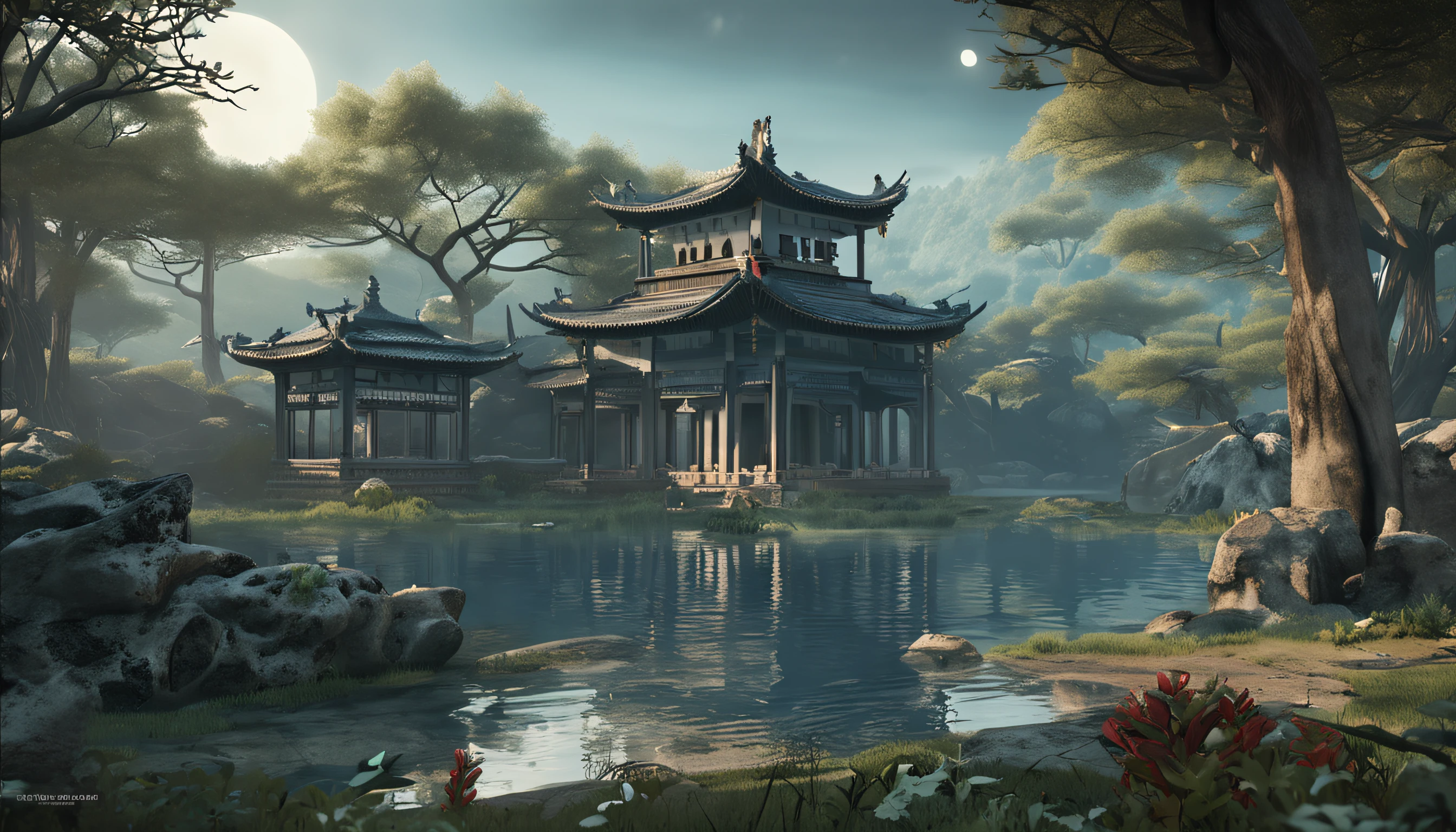 Render a peaceful palace scene amidst a serene natural setting, capturing the poet's moonlit contemplation. Infuse Victor Nge's influence into your art, incorporating a blend of calming blues and gentle greens against a backdrop of muted gray. Maintain a luminous quality in your painting, allowing the moon's brilliance to light up the scene. Integrate Dao Chongle's touch to emphasize the beauty of the natural world,Ultra HD