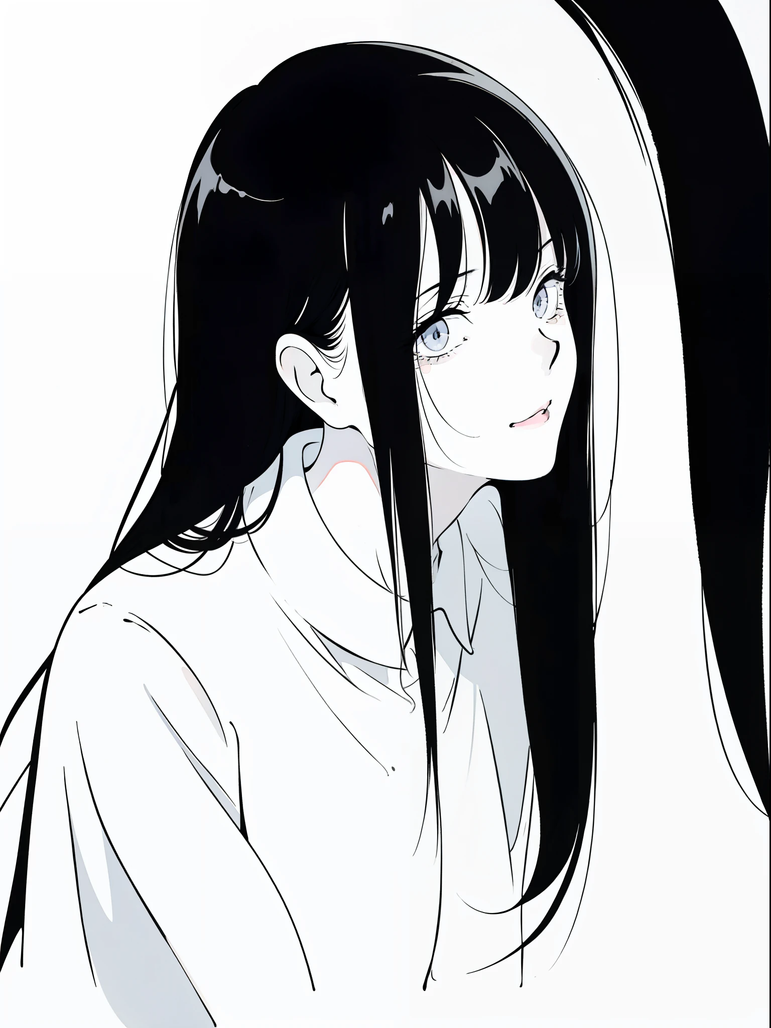 (anime girl with long black hair and a white shirt),((black and white portrait)),black and white picture,Smile,minimalist painting,Simple strokes,messy  hair,Shy,Pure white shirt,Heavy makeup,Headshot,Put lipstick on one's mouth,Side Body,Blank background