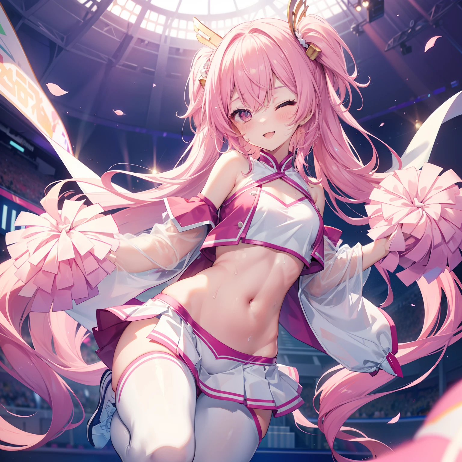 1girl, solo, Pink hair、length hair、Cheergirl Costumes、cheerleaders、Navel、Adults、One hand is raised high、Standing on one leg、pantie shot、White pants、(NSFW:0.8), large chest directed upwards、Cheerful smile、One eye is closed、Sweating、Embarrassing、Beautiful hair、perfect bodies、best quality,