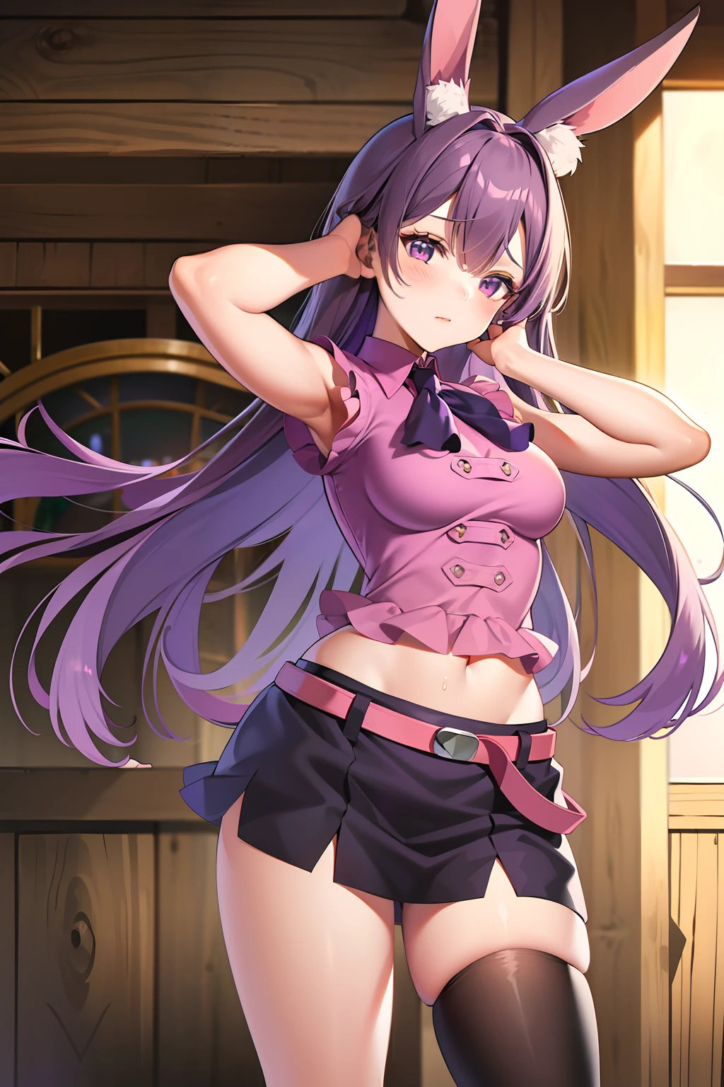 masterpiece, best quality, 1girl, purple hair, long hair, hime cut, blunt bangs, rabbit ears, animal ear fluff, purple eyes, pink shirt, black skirt, miniskirt, midriff, navel, single thighhigh, asymmetrical legwear, belt, blush, angry, looking at viewer, gloves, black gloves