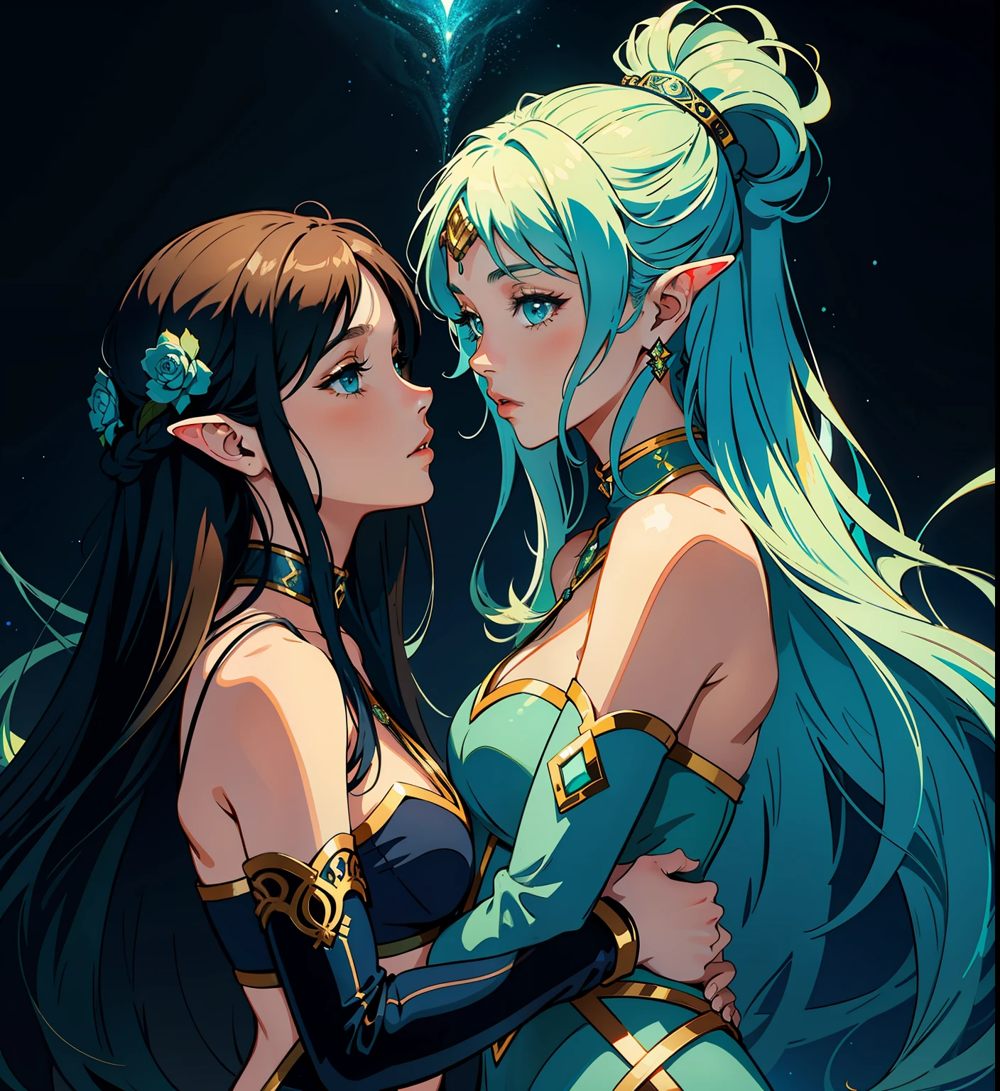 adesivo, fundo simples, portrait, 2 girls, couple, kissing, girl with long hair, beautiful pisces girl, pisces aesthetic, beautiful girl, very beautiful fantasy art, beautiful and elegant female pisces, beautiful detailed fantasy, light green and blue color palate, blue color-theme