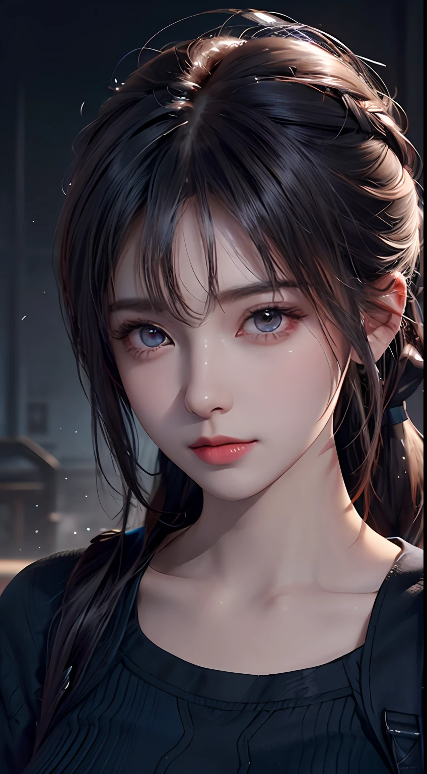 long eyelasher, solid circle eyes, pony tails, Hair is shiny and dark, Colored Contact Lenses, surrealism, shadowing, anaglyph, stereograms, angle of view, Atmospheric perspective, 8K, Super detail, ccurate, Best quality,1girll