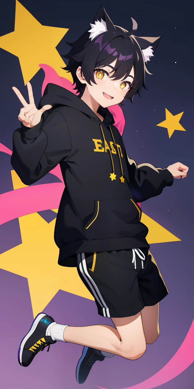 1boy, black hair, star shaped pupils, yellow pupils, smile, purple cat ears, cat whikers, black hoodie, black shorts, purple shoes, jumping