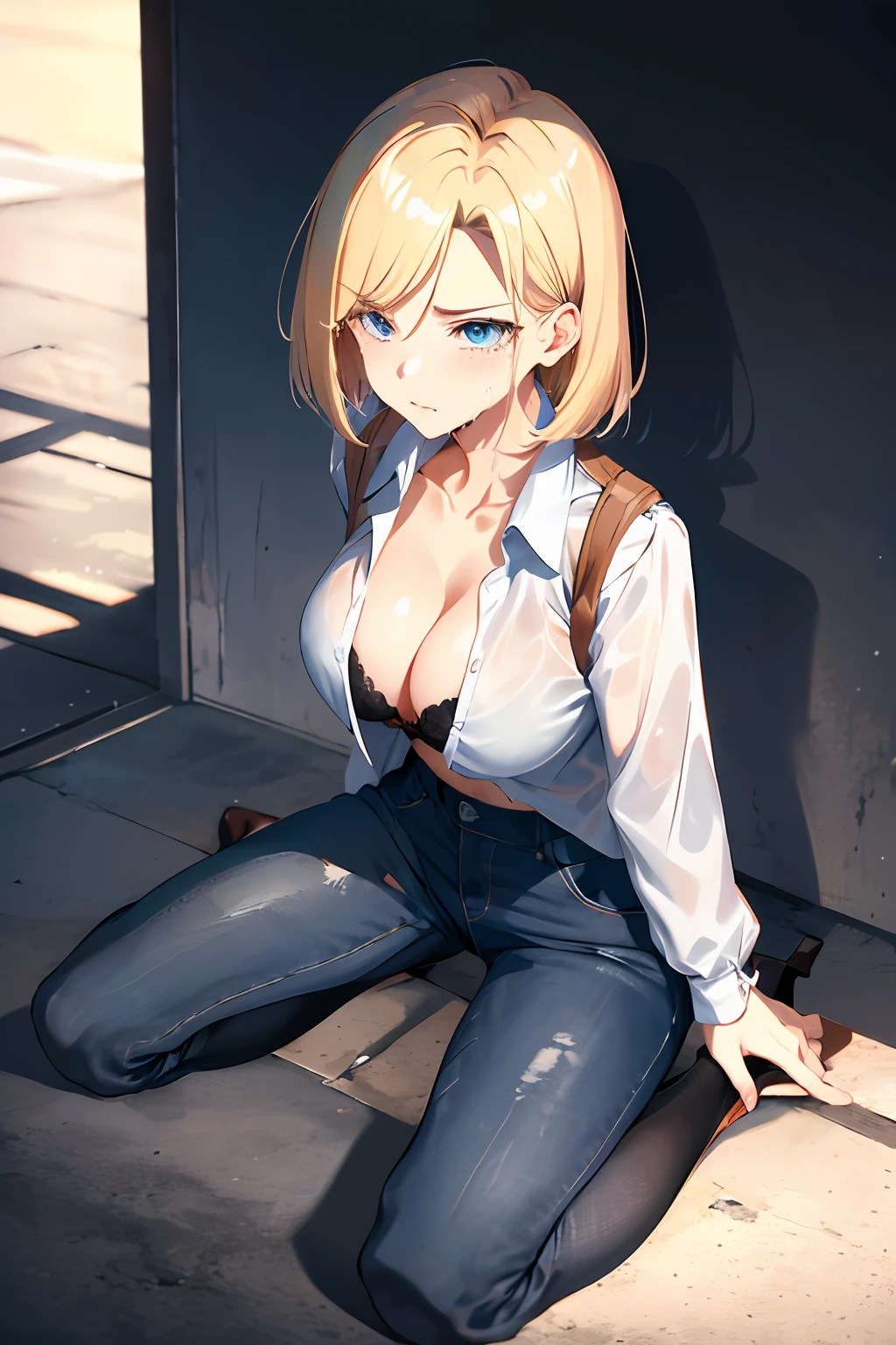 top-quality, hight resolution, 18 with, 1girl in, Android 18, 独奏, blonde  hair, blue eyess, shorth hair, 耳Nipple Ring, jewely, Medium chest, cowboy  shot, Street, uniformss,Buttoned shirt、open-shirt、cleavage of the breast、Chagrined mouth、face that seems to cry、full body Esbian、opened legs、bend knee、（Spread your legs on a chair、Sitting on a chair:1.5）、Open your knees from side to side、Black High Heels、Seen from the front、Looking up from below:1.3、Put your hands behind your back、Full view of pants