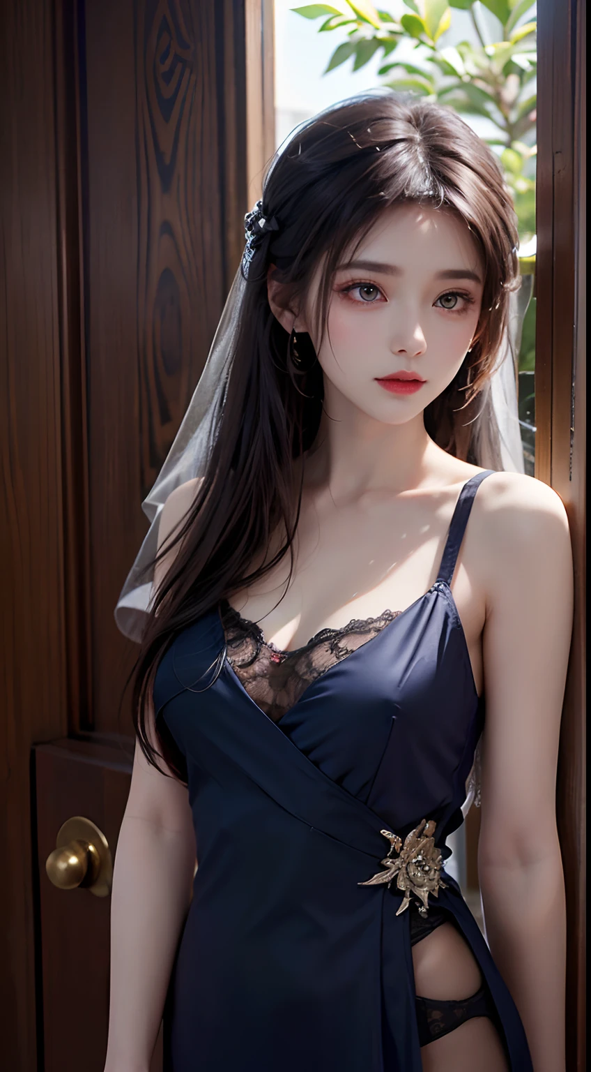 masterpiece、highest quality、(Detailed both eyes)、(cute japanese woman、bangs:1.3)、23 years old、1 girl、elegant、black hair、(auraroid photo:1.4)、Are standing、(huge cleavage:1.2)、(Blue Lingerie:1.7)、
