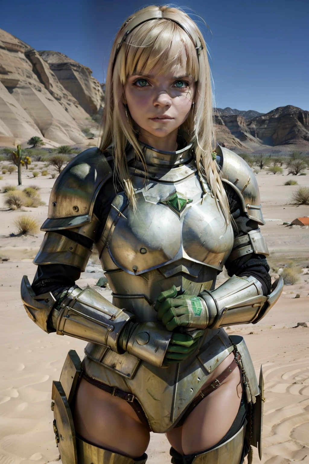 a woman poses in a desert area, time traveling security guard, armor girl, green armor, gorgeous femaled, a sexy blonde warrior, anna faris
