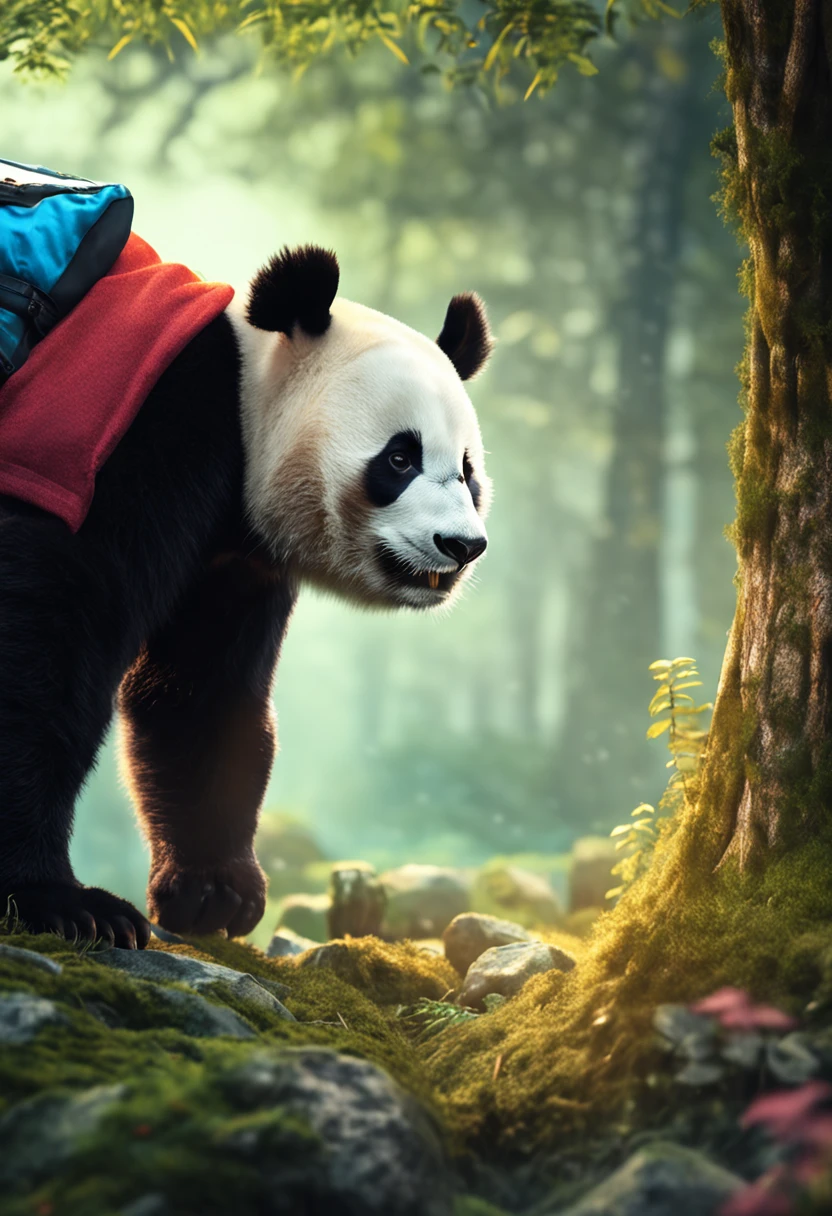 tmasterpiece, best qualityer, cinematic Film still from, Two pandas, Close-up Shot Shot,Bright and bright, cheerfulness, Soft lighting and warmth, natta, Panda looking up at the sky in the forest