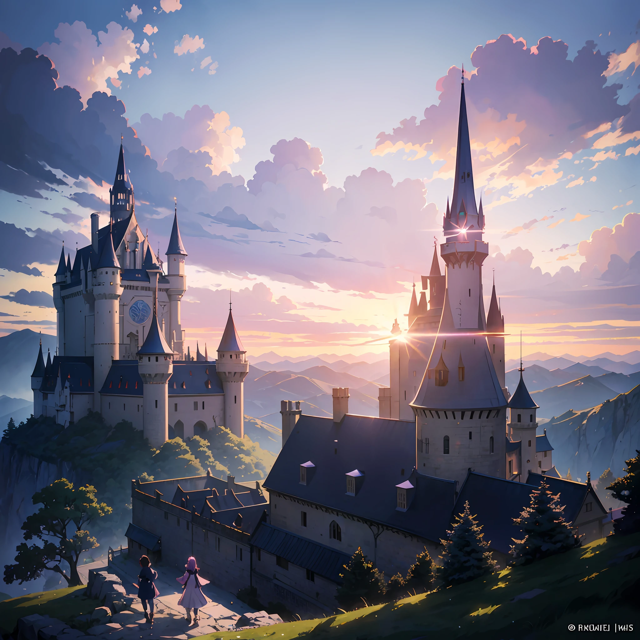 Anime scene of a medieval castle on a mountain under a pink and purple sky, um desenho de anime de Makoto Shinkai, Trend in Pixiv, magic realism, bela cena de anime, cosmic skies. Por Makoto Shinkai, ( ( Makoto Shinkai ), Por Makoto Shinkai, arte de fundo anime, Estilo Makoto Shinkai