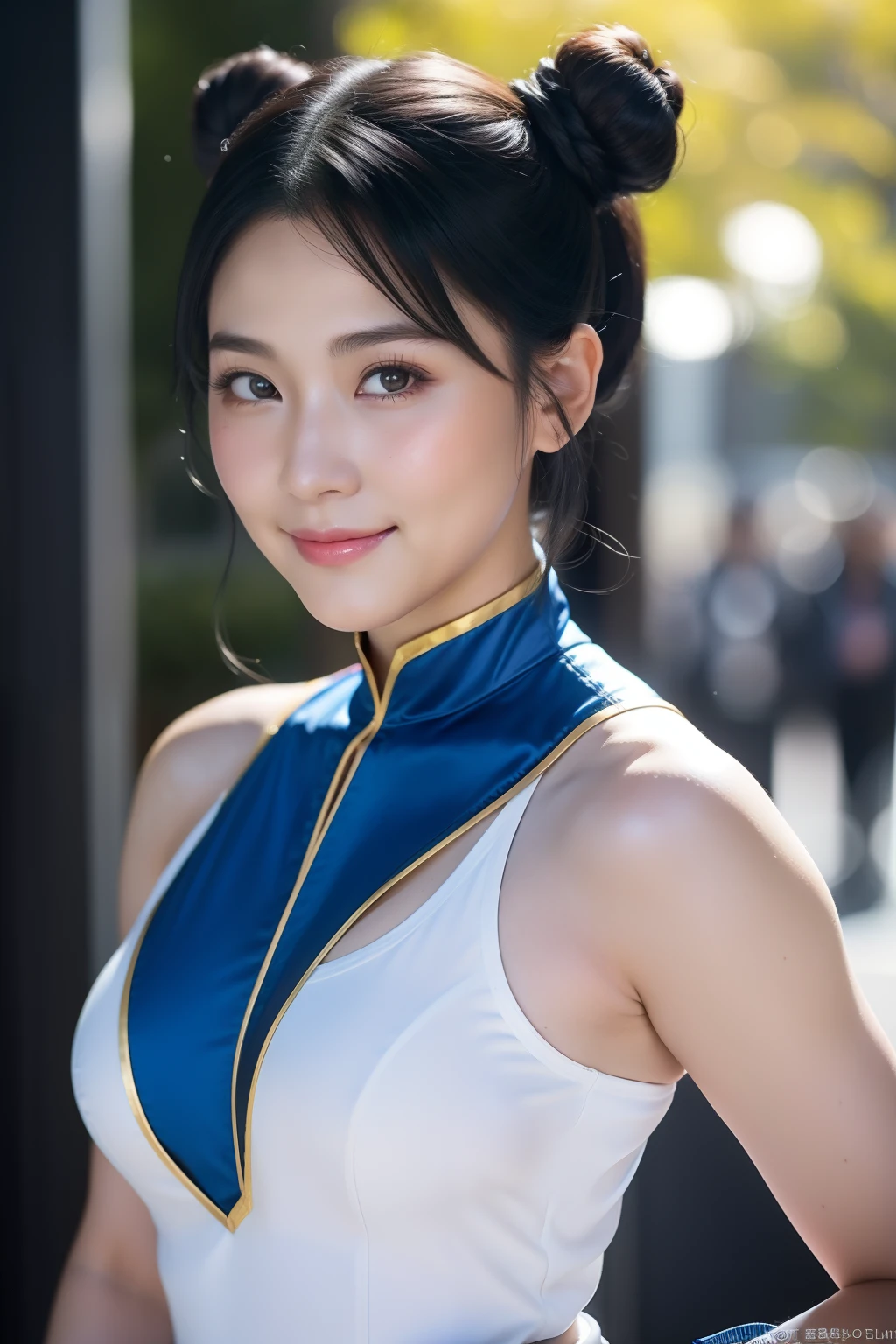 Chun-Li's red belt decoration,Street Fighters 2: Chun-Li Chariot Cosplay,Street Fighter Chun-Li Costume,Chun-Li headdress,(bun hair,curly,Black hair),Kicking pose,Filmed from below,Head-to-toe photos, full shot,Smile,happy face,big round breasts,(Cover-),Slender body type, Skin glowing with sweat,(moles,Pores),realisitic,Photorealistic:1.37, masutepiece, Best Quality,NFFSW (english) (english) (english) (english) (english) (english) (english) (english) (english) (english) (english) (english) (english) (english) (english) (english) (english) (english) (english) (english),ultra detail skin,With a delicate face,Excellent detail eye,Beautiful and delicate,detailed outfit,high res photo,Professional Light,Cinematic lighting