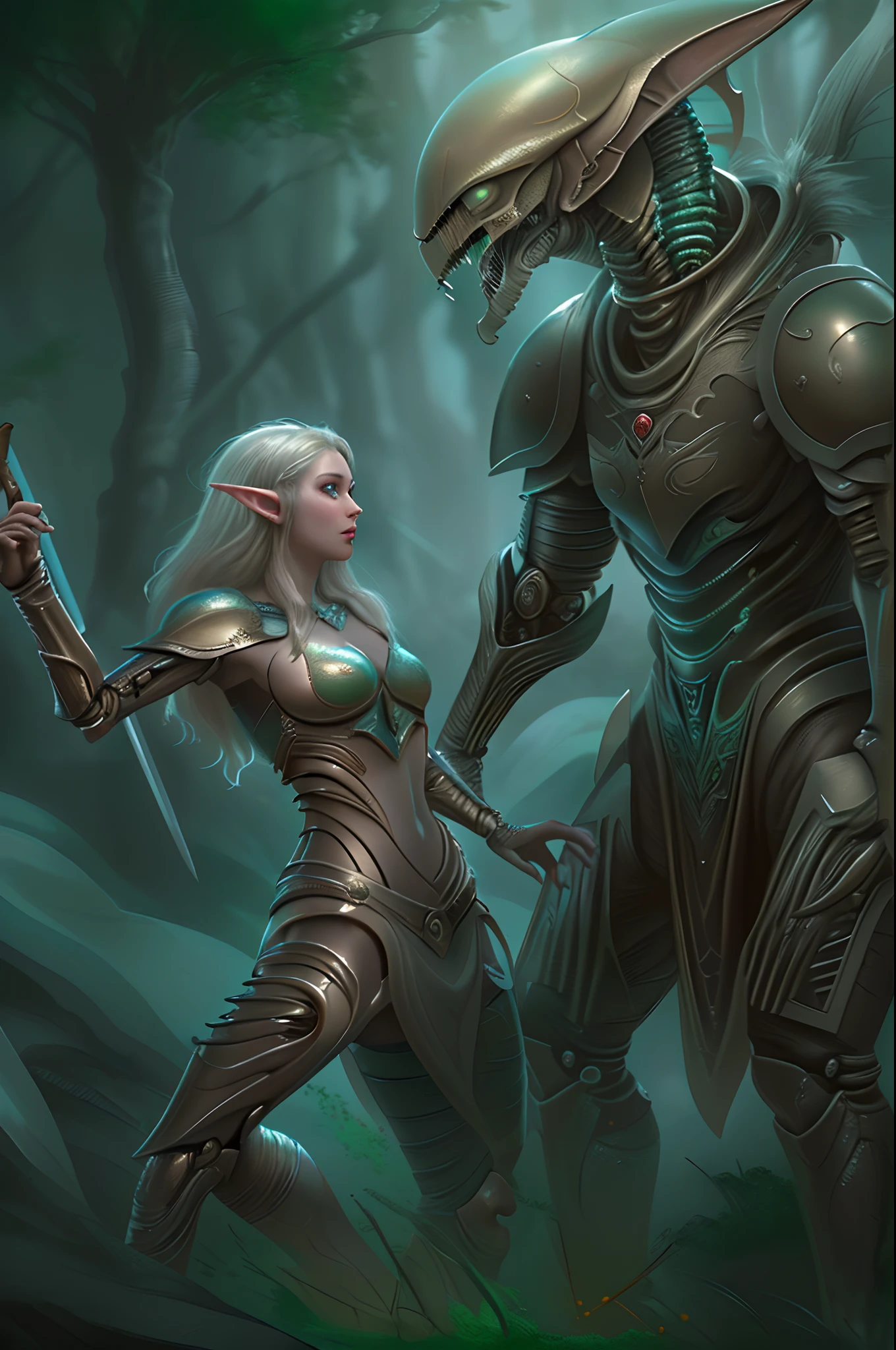 high details, best quality, 8k, [ultra detailed], masterpiece, best quality, (extremely detailed), full body, ultra wide shot, photorealistic, fantasy art, rpg art, sci fi art, realistic art, a wide angle, (((anatomically correct))), fantasy art, sci fi art, a green skined alien fighting an elf knight, science fiction against fantasy, a battle between alien and an elf, alien fighting a fantasy elf (((1)) medium sized alien, a creature from outer space, alien (intense details, Masterpiece, best quality) with green skin, wearing mech armor reelmech, armed with laser gun, fighting (((1))) female fantasy elf knight  (intense details, Masterpiece, best quality), wearing elven armor LnF elven armor, armed with a sword, fantasy agains sci fi, fantasy forest background, dynamic light